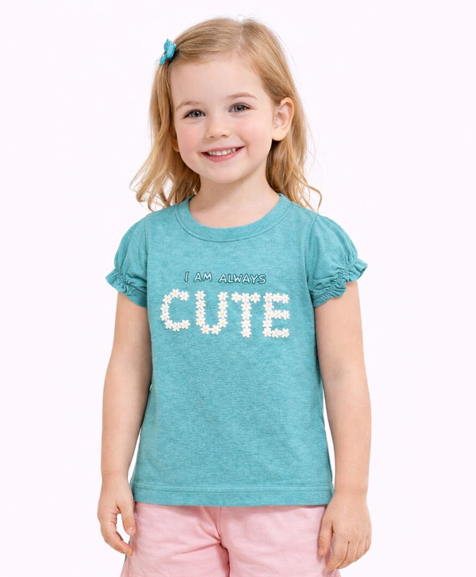 Sportking Cotton Blend Knit Half Puffed Sleeves Cute Text Printed Top - Aqua-picture-11