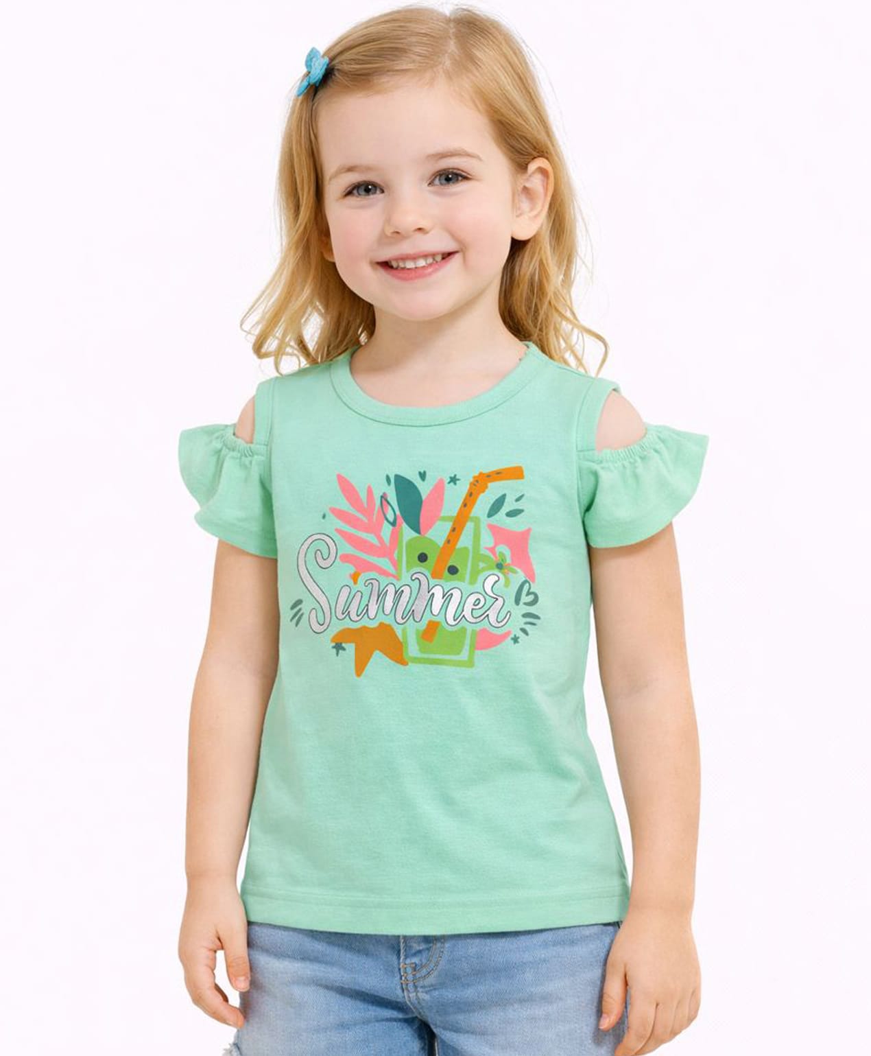 Sportking Cotton Blend Knit Half Cold Shoulder Sleeves Glitter Embellished Summer Text Printed Top - Light Green-image-32