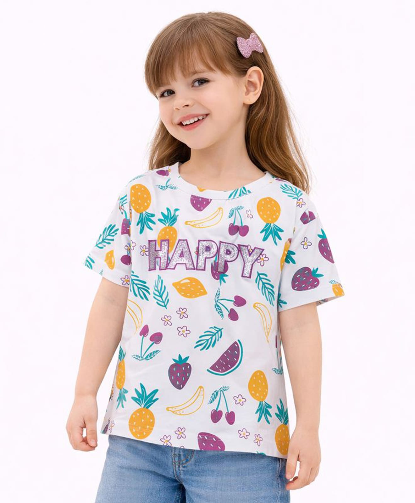Sportking Cotton Blend Knit Half Sleeves Fruit Printed Top - White-picture-14