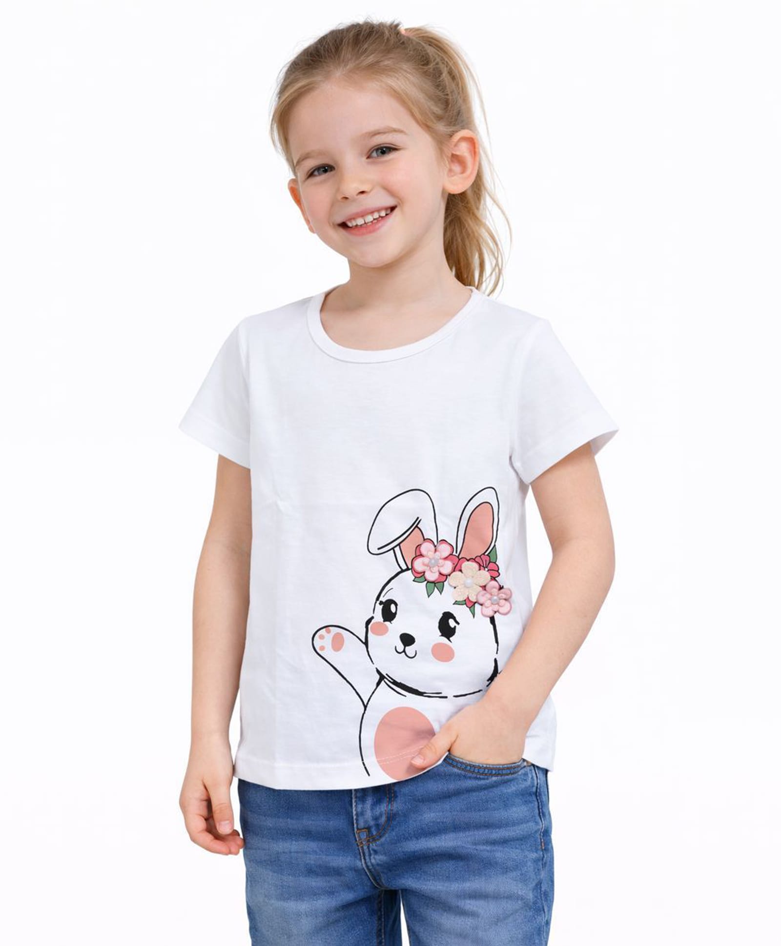Sportking Cotton Blend Knit Glitter & Pearl Embellished Floral Applique Detailed & Bunny Printed Top - White-picture-31