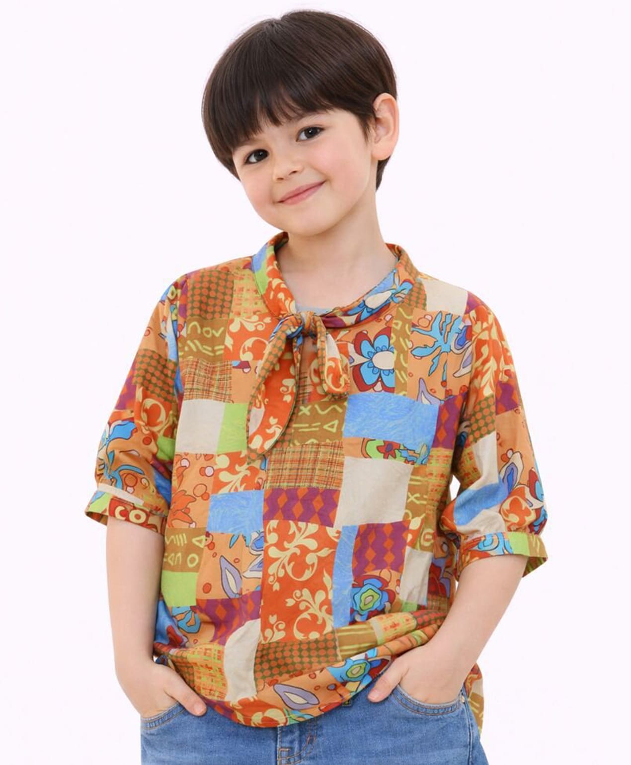 Sportking Cotton Blend Woven Three Fourth Sleeves Floral Patchwork Printed & Tie Up Detailed Top - Orange-picture-17