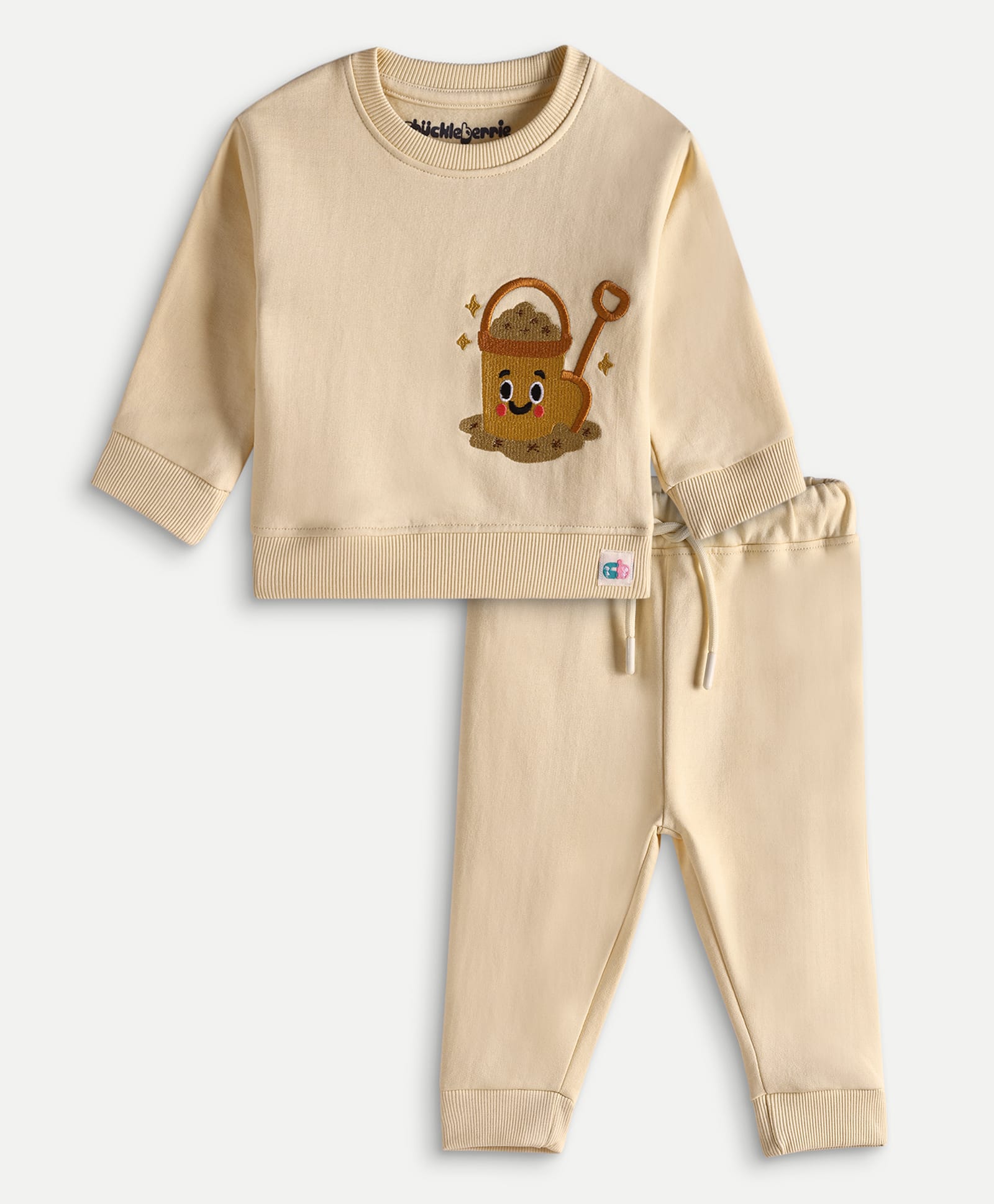 chuckleberrie Cotton Knit Full Sleeves Bucket Embroidered Tee & Pant Set - Cream-picture-34