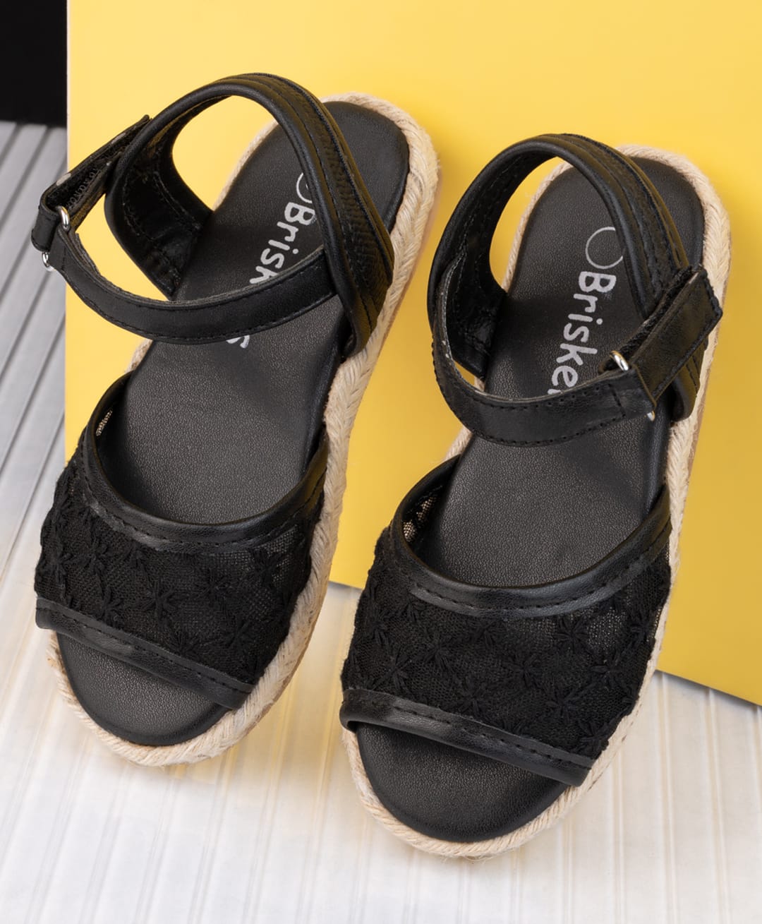 Briskers Floral Embroidered Strap Detailed Velcro Closure Sandals - Black-picture-0