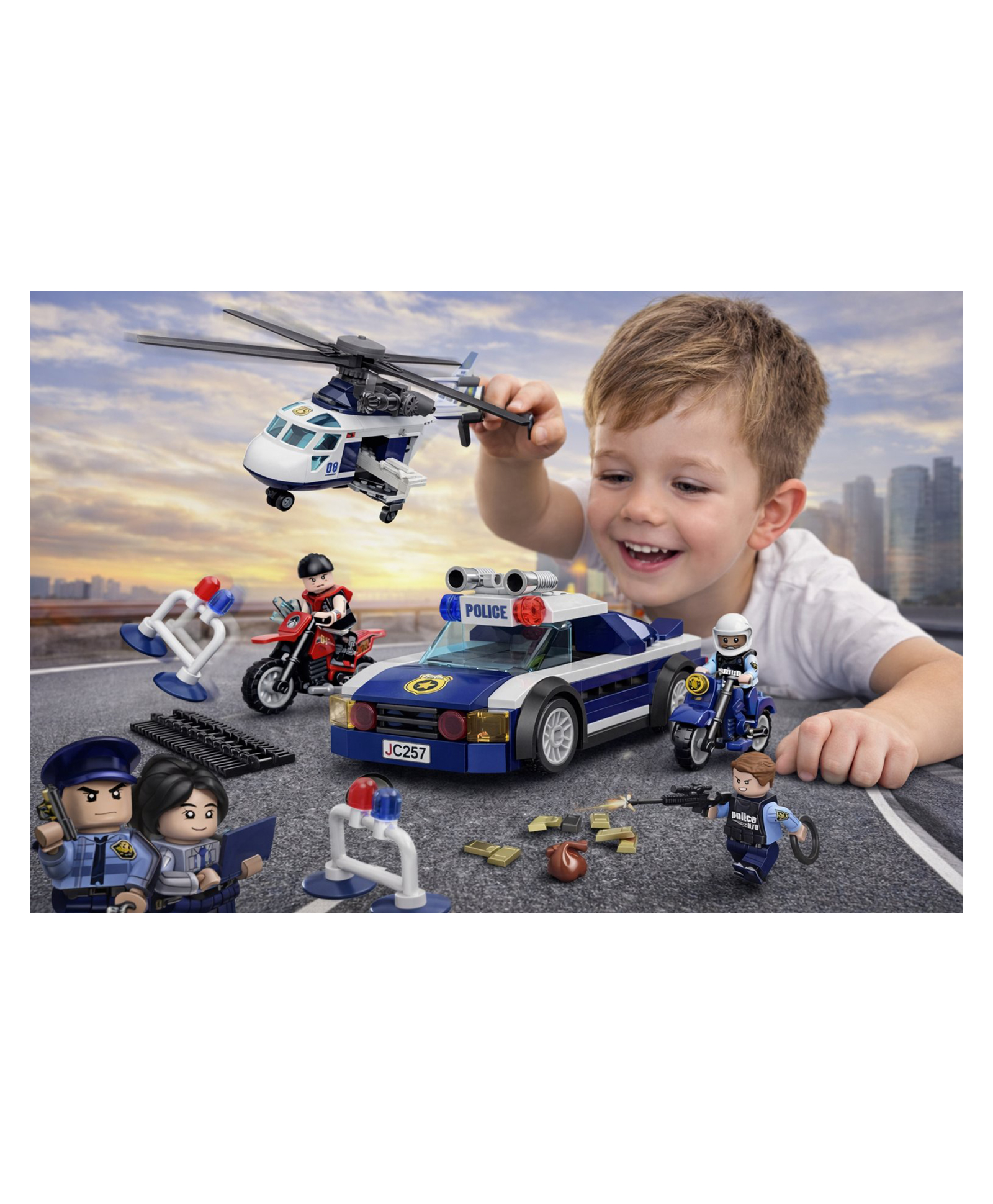 SANJARY Police High Speed Chase Building Blocks Set with Helicopter Car Motorbike Figures Creative Construction Toy for Kids Action Play Gift Color Design May Vary-image-34