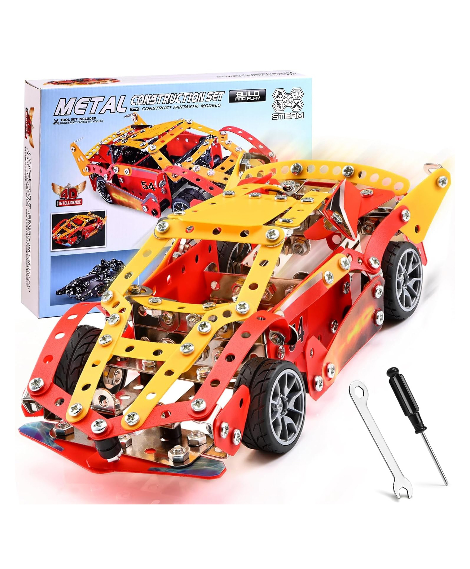 Sanjary Metal Construction Racing Car Building Kit STEAM Educational DIY Model with Tools for Kids Teens Creative Engineering Play Set Toy color design may vary-image-4