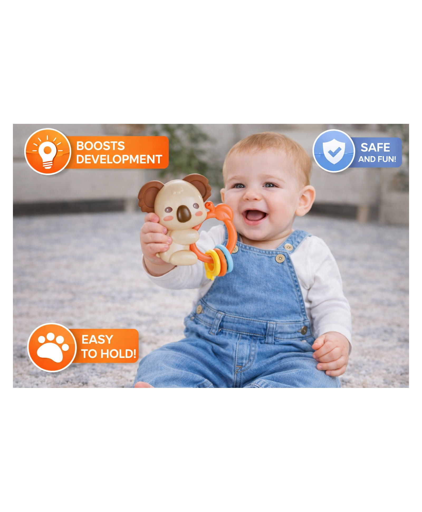 Sanjary Cute Koala Baby Rattle Teether Toy Soft Silicone Rings Sensory Development Safe Chew Play Gift For Toddlers - Pack of 1-image-9