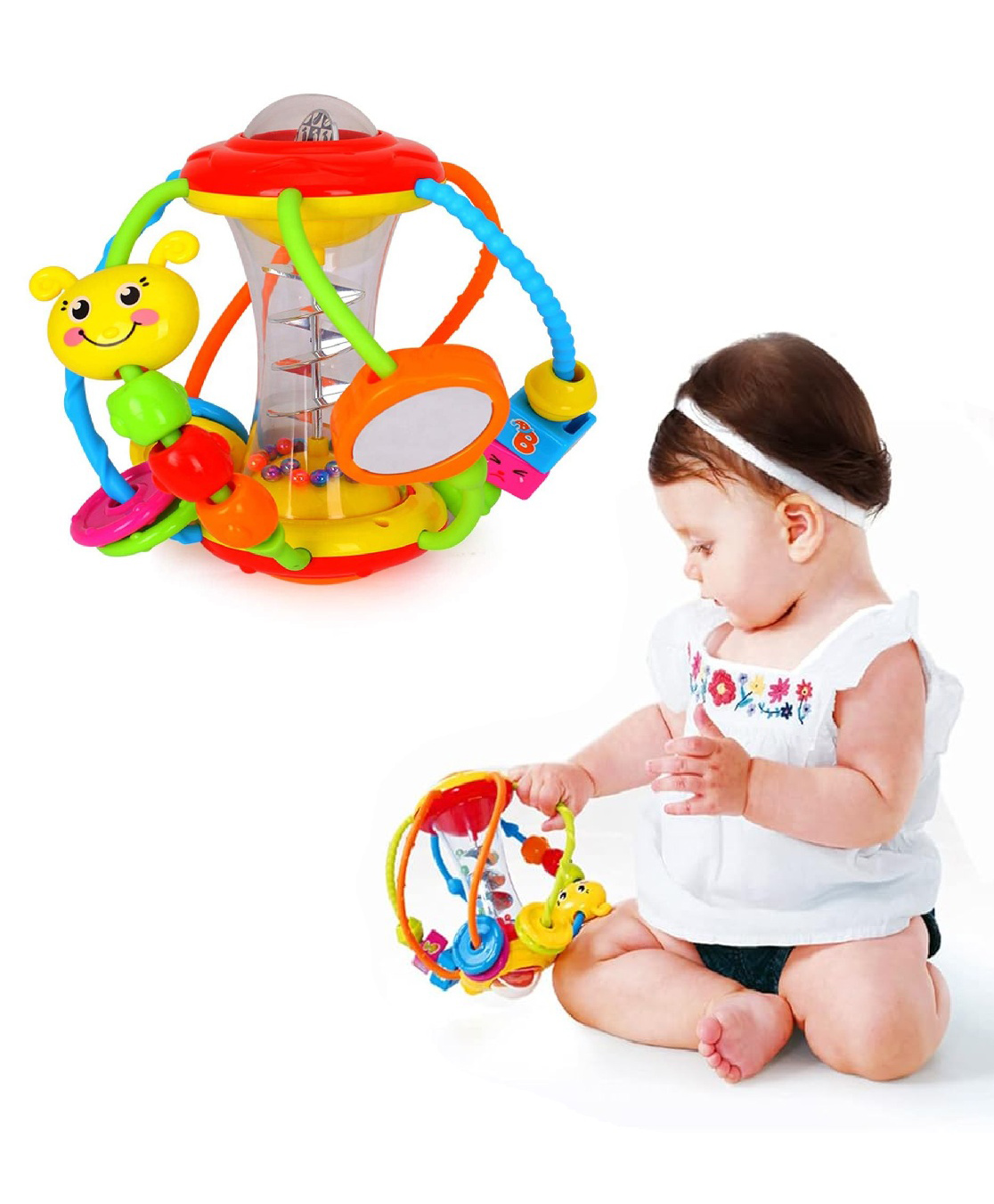 Sanjary Colorful Interactive Activity Rattle Toy with Beads Spinner Mirror Sounds for Babies Toddlers Sensory Learning Fun Development Playtime Gift Idea color design may vary-image-6