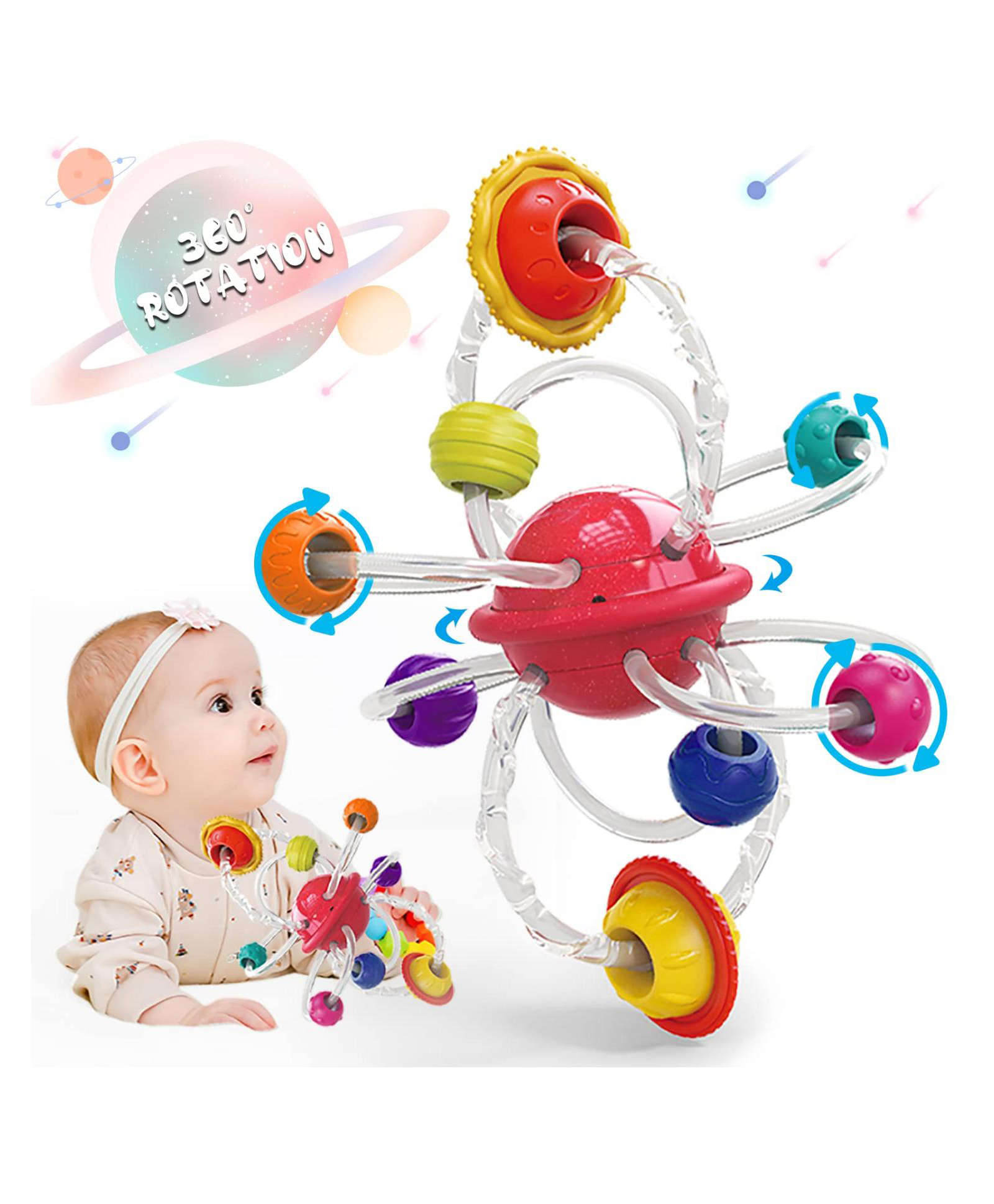 Sanjary 360 rotating baby teether rattle toy colorful sensory rings chewable BPA free developmental play for infants toddlers early learning growth color design may vary-image-48