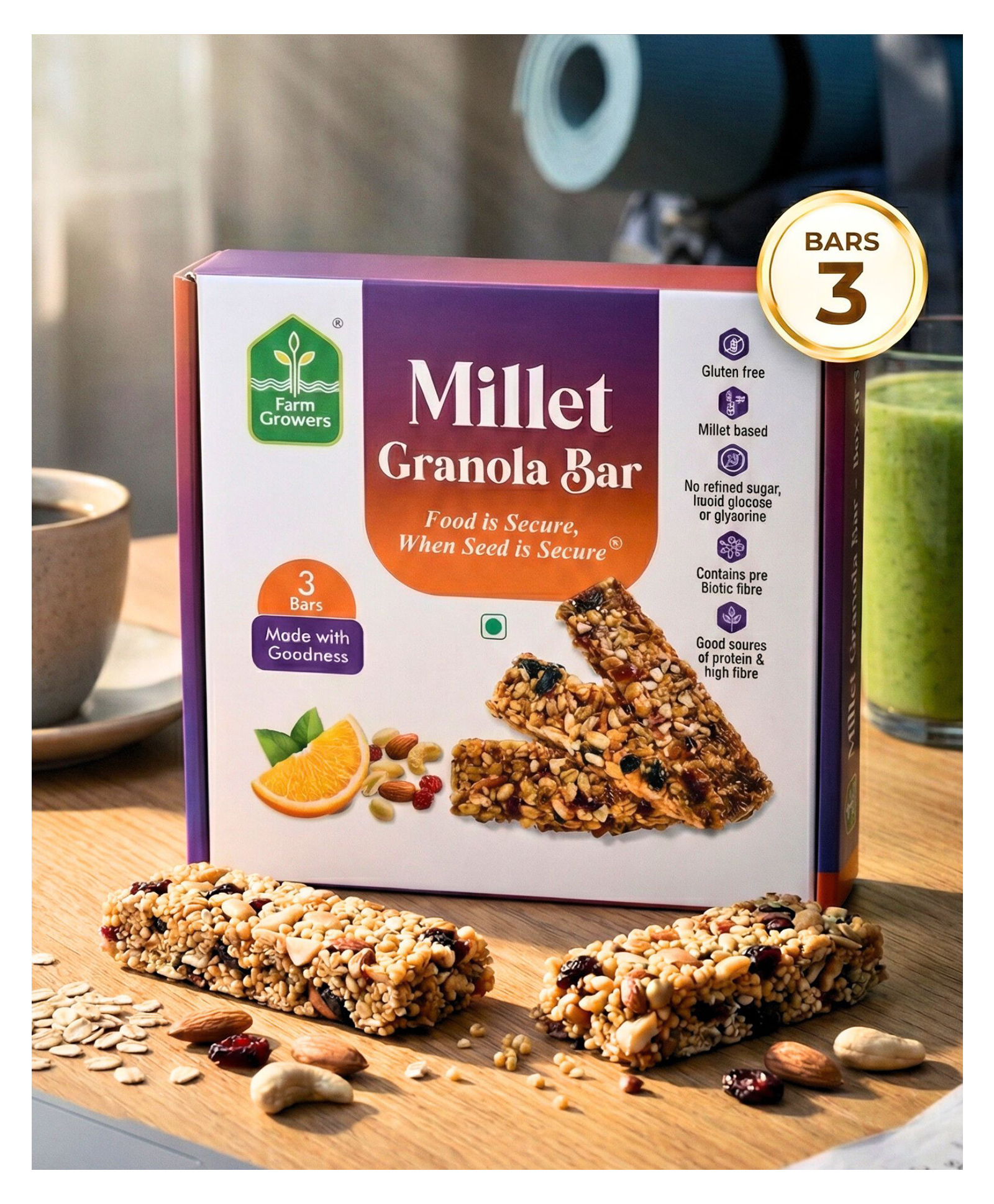 Farm Growers Millet Granola Bar Fruit and Nut Orange Cranberry 35g Each 105 g Multicolour 3 Pack-image-7