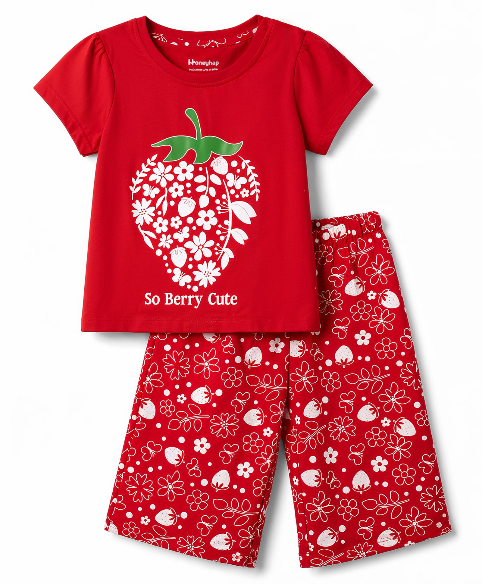 Honeyhap Premium 100% Cotton Knit Half Sleeves Strawberry & Floral Printed T-Shirt & Capri Night Suit With Bio Wash- Red-picture-48