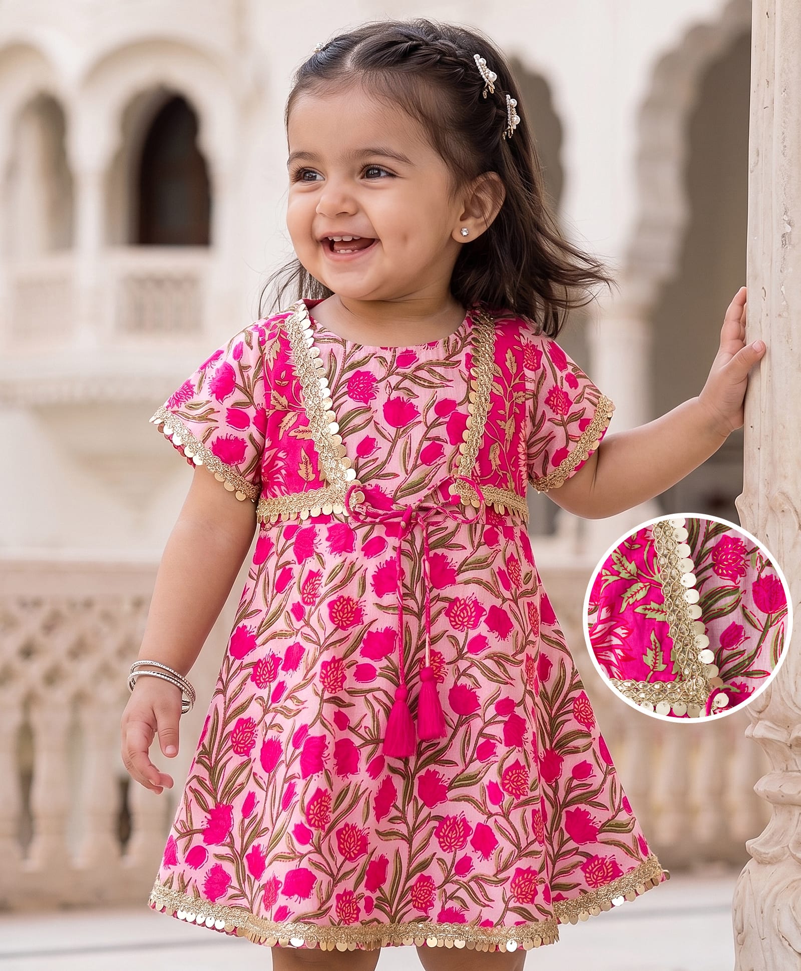EARTHY TOUCH Cotton Woven Half Sleeves Floral Printed Ethnic Dress With Lace Detailing - Red-image-18