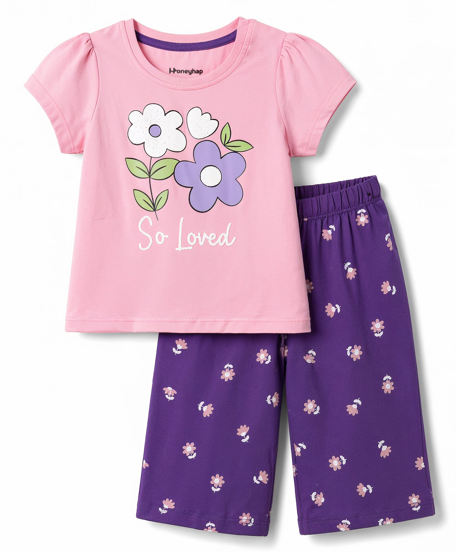 Honeyhap Premium 100% Cotton Knit Half Sleeves Floral Printed T-Shirt & Capri Night Suit - Light Pink & Purple-image-31