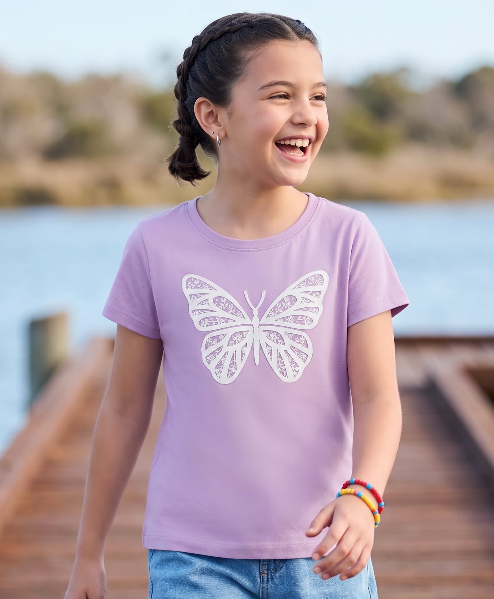 Pine Kids Cotton Knit T-Shirt Round Neck Half Sleeves Butterfly Print Lavender 4-5 Years-picture-11