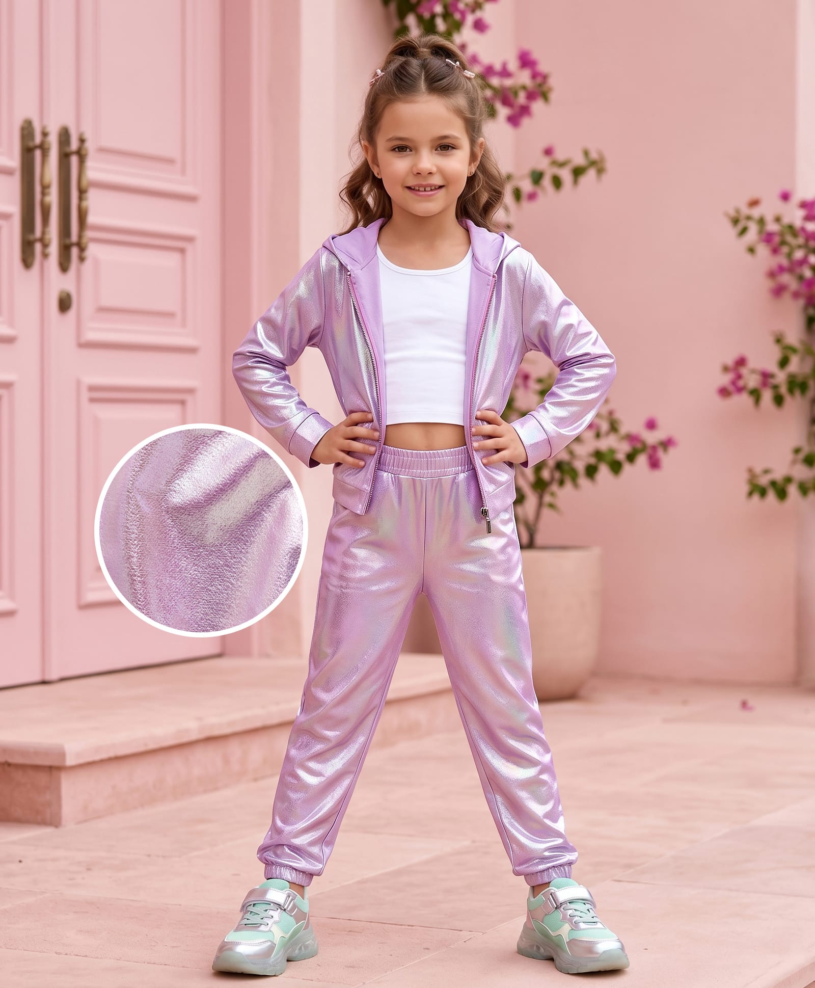 Hola Bonita Knit Full Sleeves Shimmered Hooded Top & Pant Set - Lilac-image-21