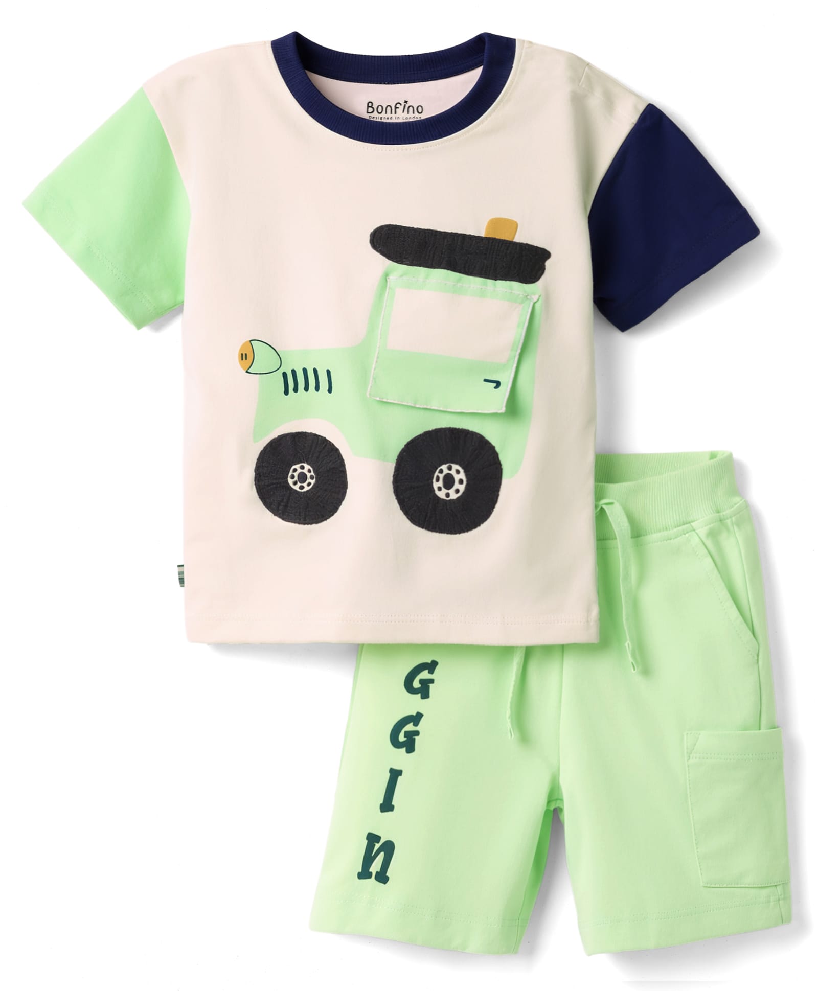 Bonfino 100% Cotton Knit Drop Shoulder Half Sleeves Oversized T-Shirt & Cargo Shorts Set with Tractor Print & Patch - Multicolor-image-26