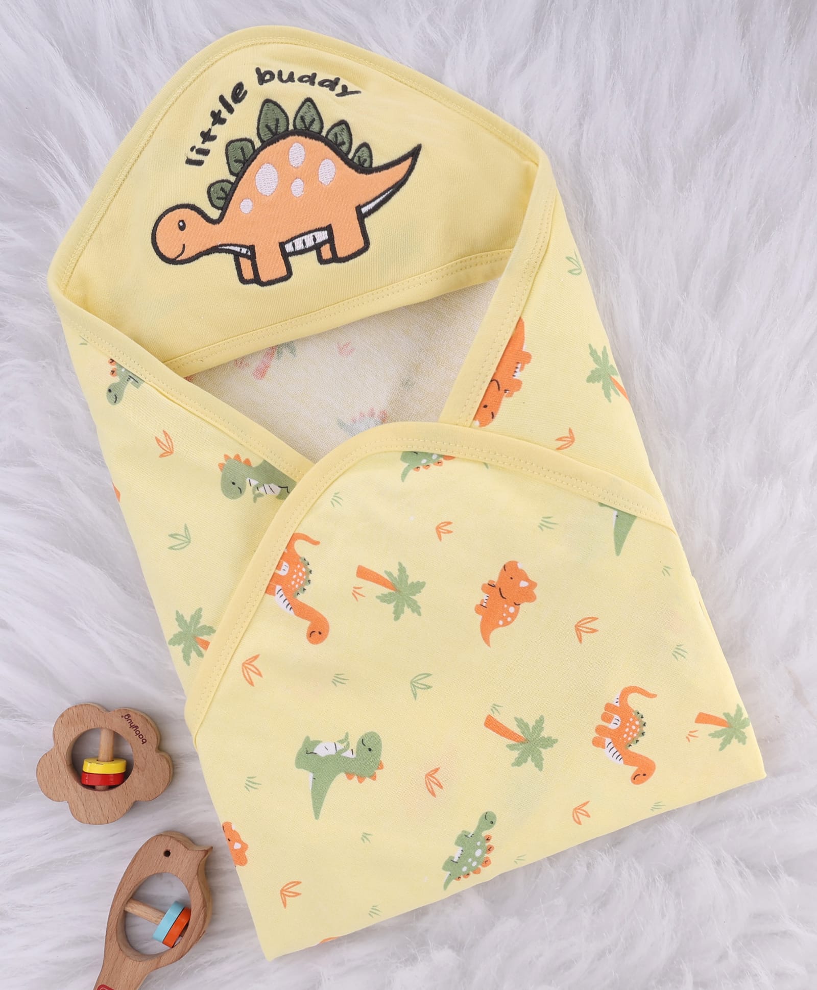 Babyhug Cotton Knit Hooded Towel With Dino Print & Embroidery L 75 x B 75 cm - Brown-image-16