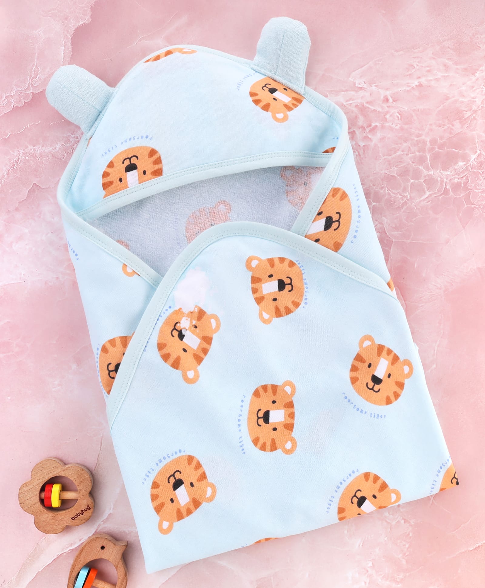 Babyhug Cotton Knit Hooded Towel With Tiger Print L 75 x B 75 cm - Light Blue-image-44