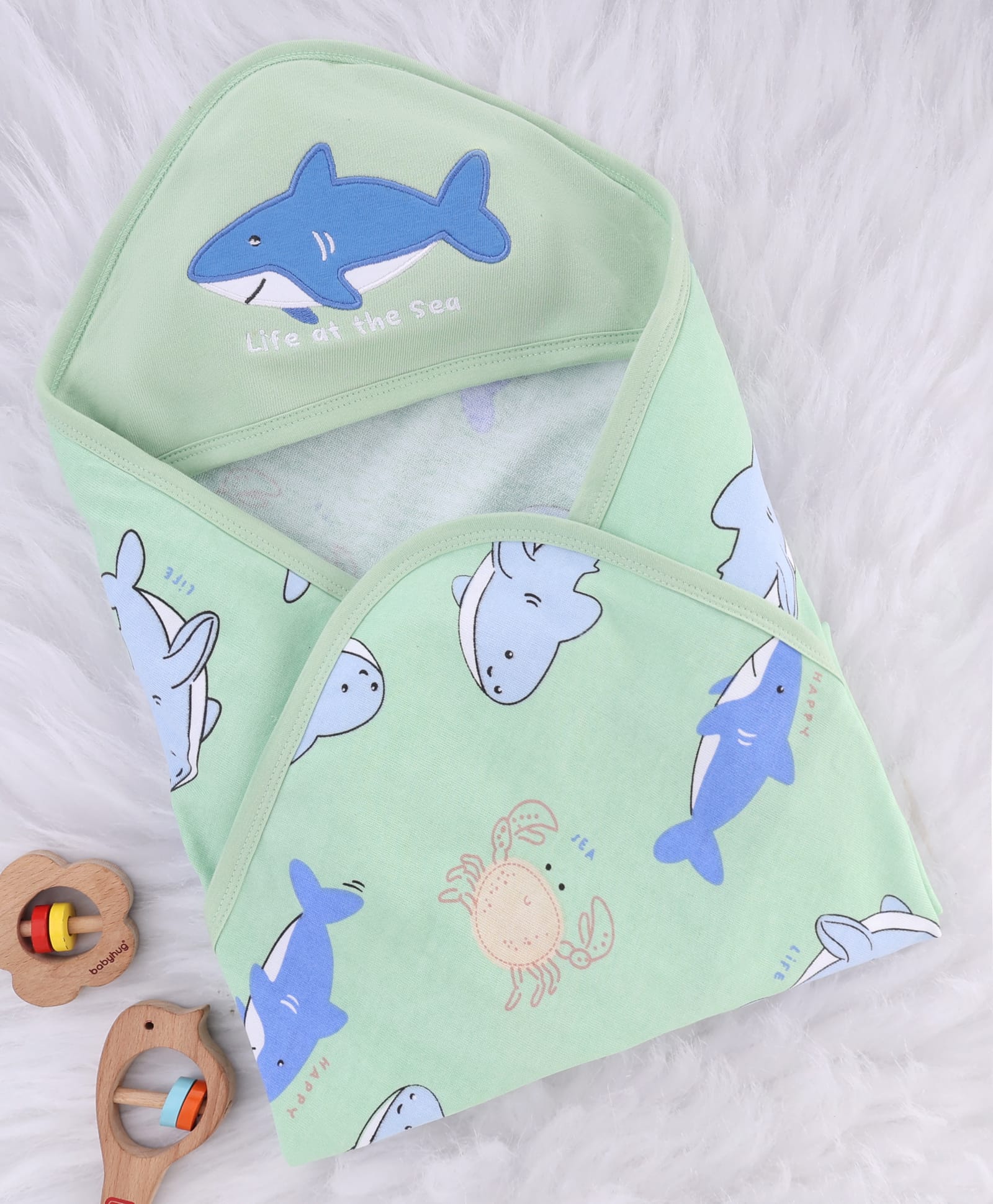 Babyhug Cotton Knit Hooded Towel With Shark Print & Embroidery L 75 x B 75 cm - Green-image-18