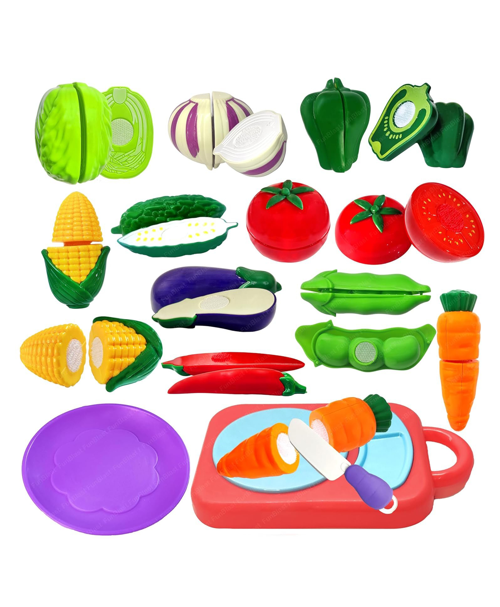 FunBlast Realistic Sliceable Vegetables Toy with Knife, Plate and Chopping Board for Kids Set of 13 Pcs (Multicolor)-picture-17