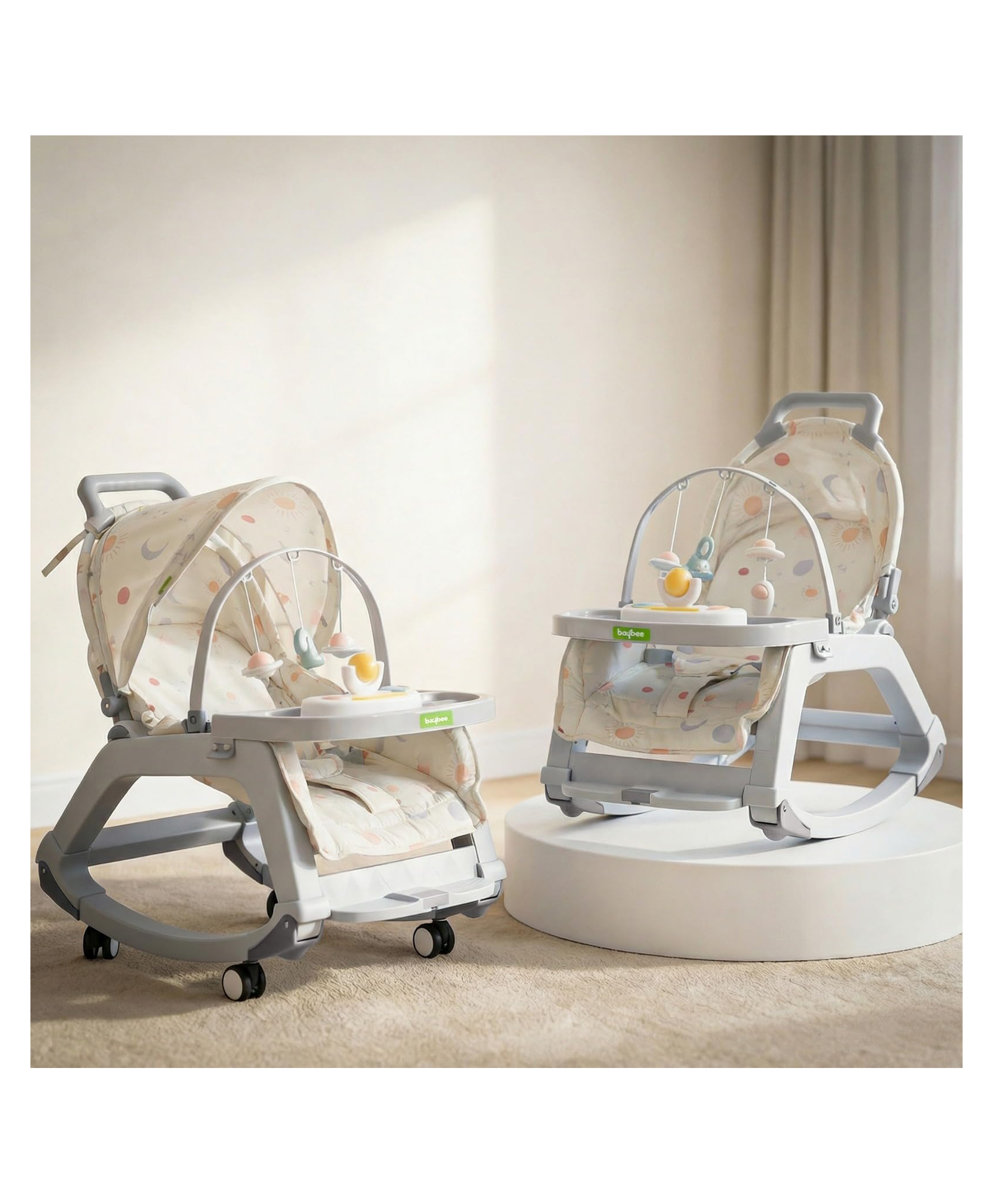 Baybee Baby Rocker & Bouncer for 0 to 3 Years with Push Rocker, Adjustable Canopy, Hanging Toys, 360° Wheels & 3-Point Safety Belt (Grey)-image-21