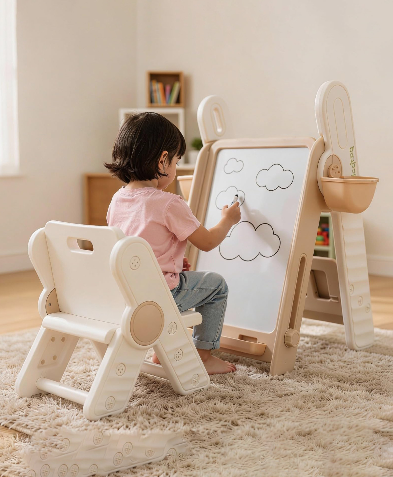 BAYBEE 4 in 1 Drawing Board for Kids | Magnetic Doodle Board with Study Table, Storage Tray & Learning Blocks | Educational Activity Board | Erasable Art & Play Station (White & Cream)-picture-22