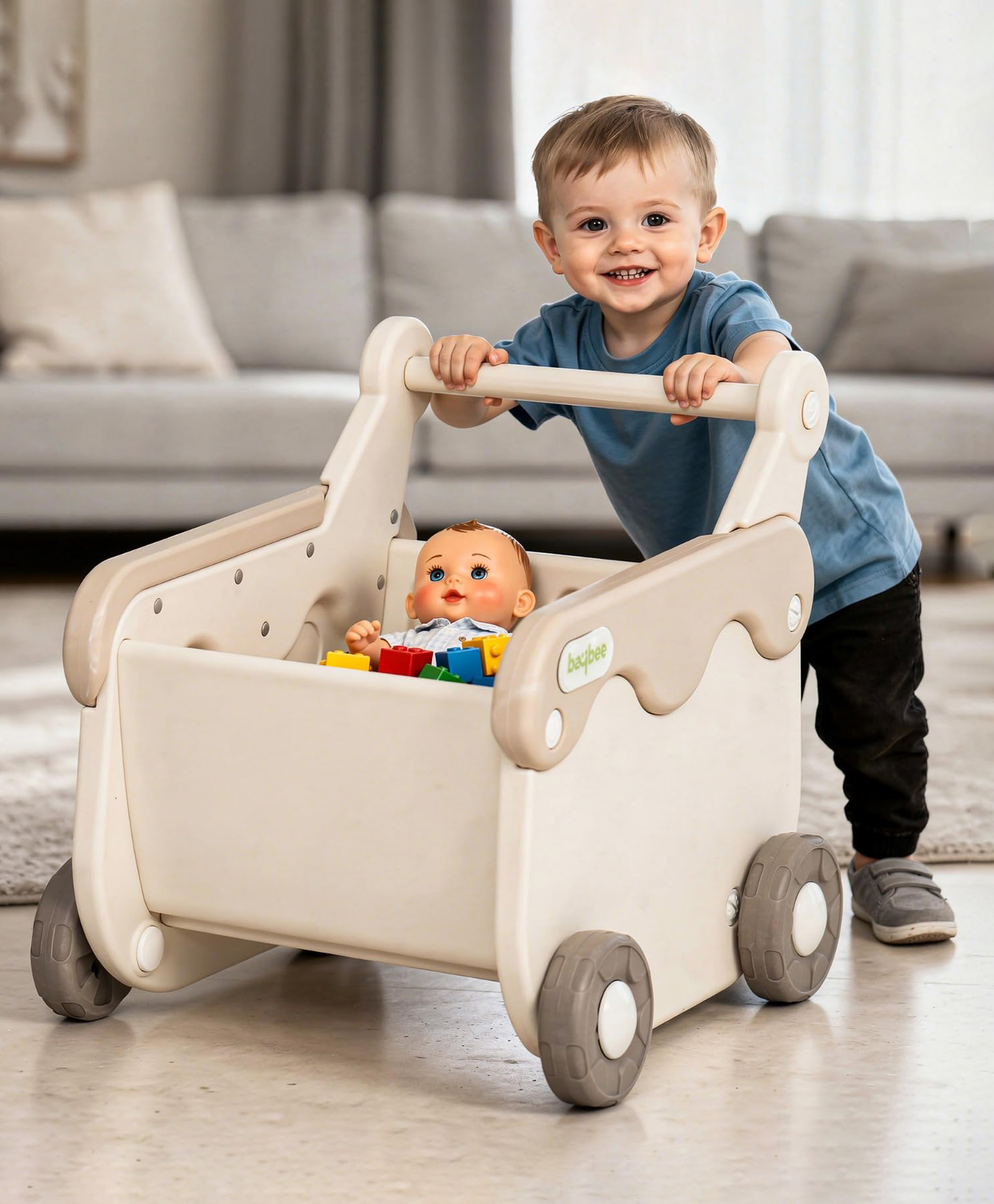Baybee 2-in-1 Baby Shopping Cart | Ergonomic Push Walker to Support Walking, Smooth Rolling Wheels | Safe Assisted Walking Toy for Kids 6+ Months (White & Brown)-image-38