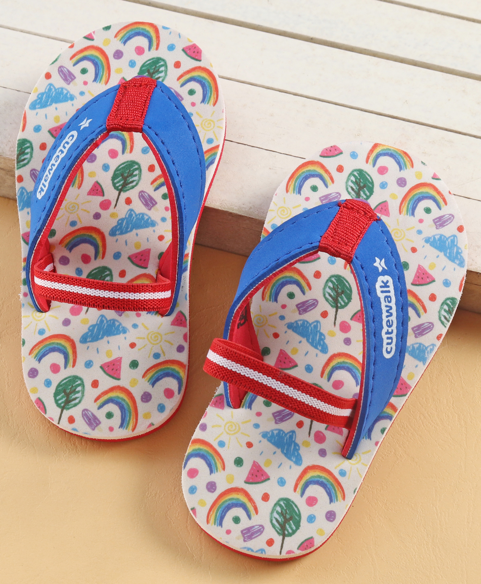Cute Walk by Babyhug Back Strap Rainbow Printed Flip Flops - White & Blue-image-43