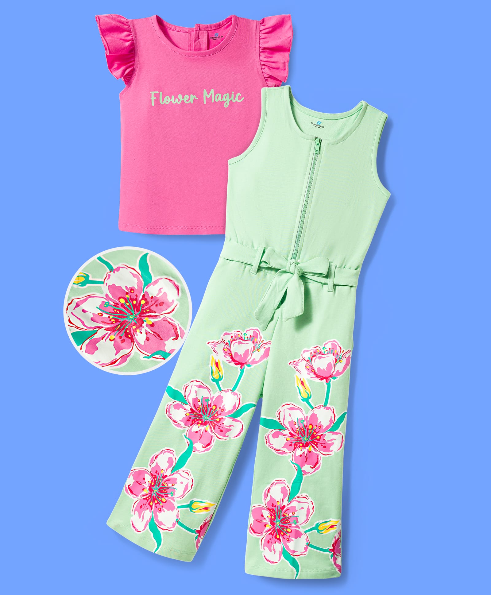 OLLINGTON ST. Sinker Knit Sleeveless Dungaree & T-Shirt With Text & Floral Print - Pink & Green-image-24