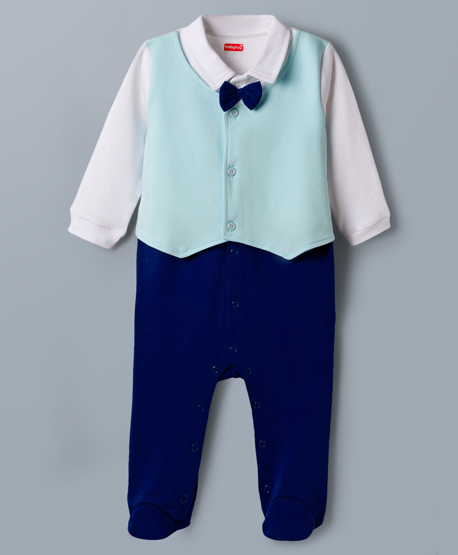 Babyhug Cotton Knit Full Sleeves Footed Solid Party Romper With Bow Applique & Attached Waistcoat - Blue-image-14