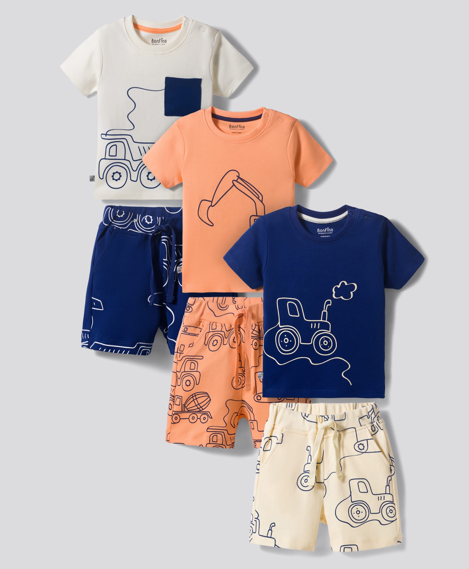 Bonfino 100% Cotton Knit Half Sleeves Construction Vehicles Printed T-Shirt & Shorts Night Suit Pack Of 3 - Multi Color-picture-23