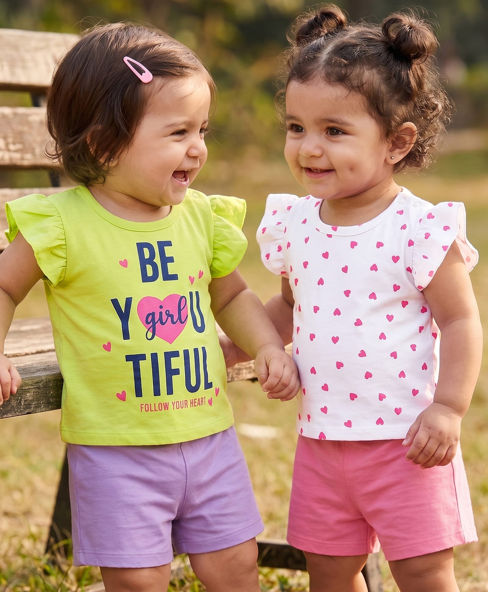 Doodle Poodle 100% Cotton Knit Half Sleeves Tops With Heart Print Pack of 2 - Green & White-image-23