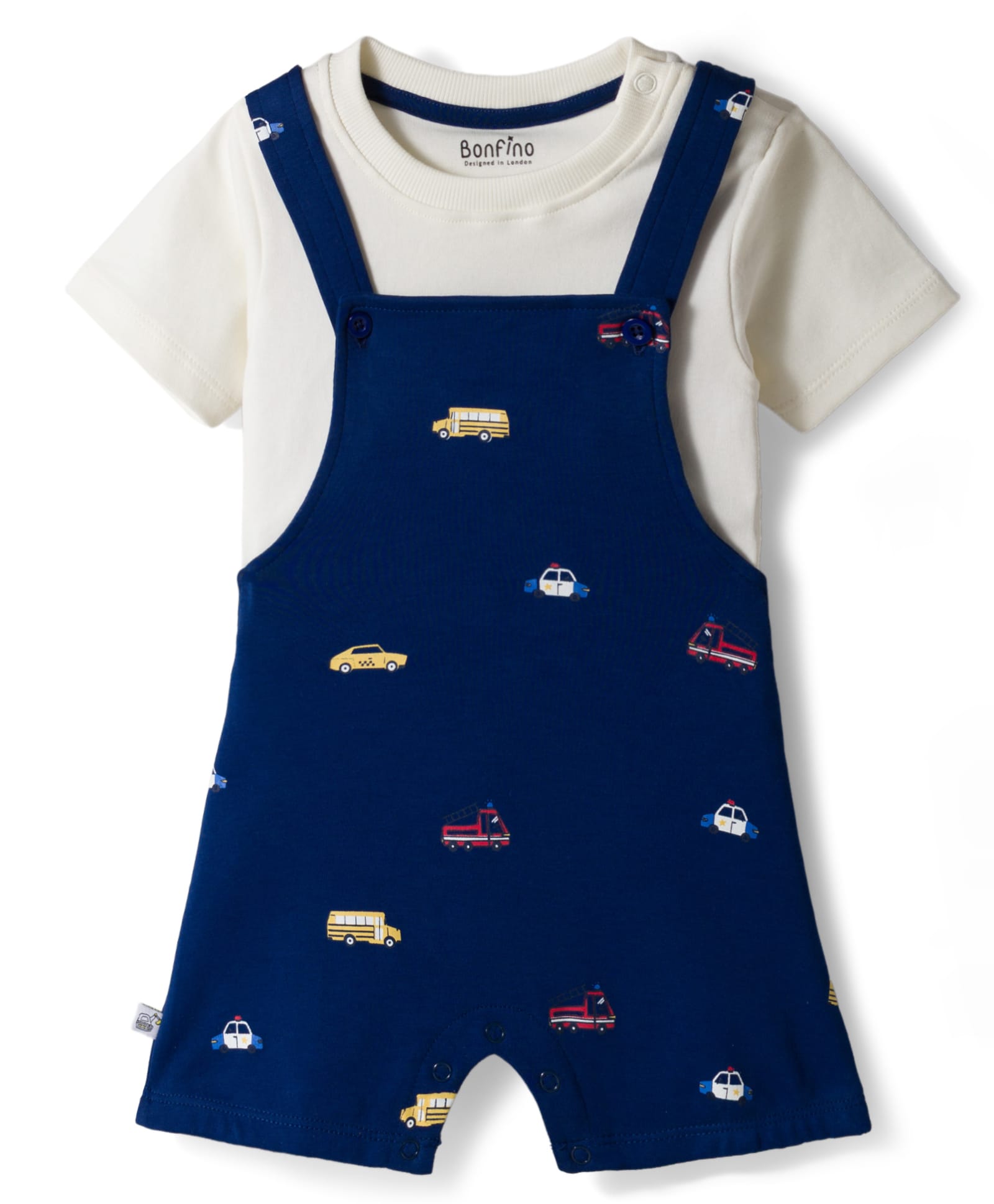 Bonfino 100% Cotton Knit Half Sleeves T-Shirt & Dungaree Set with Vehicle Print - Navy Blue & White-image-44