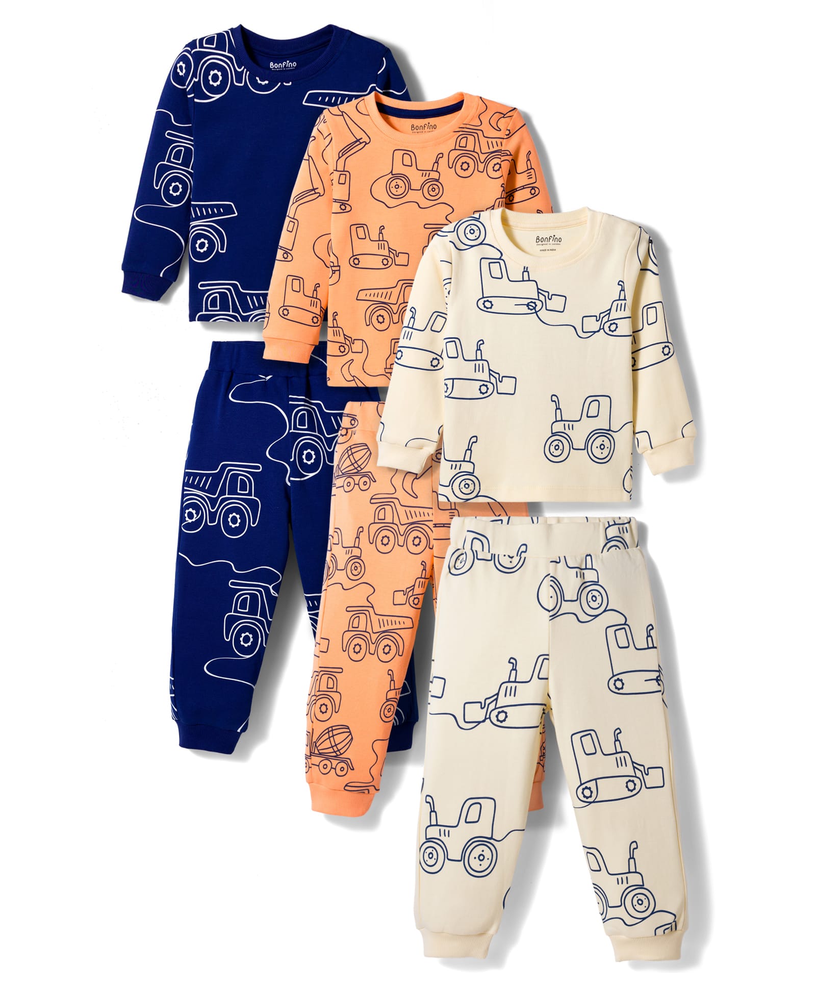 Bonfino 100% Cotton Knit Full Sleeves Vehicles Printed Co-Ords T-Shirt & Pyjama Night Suit Pack of 3- Multicolour-image-49