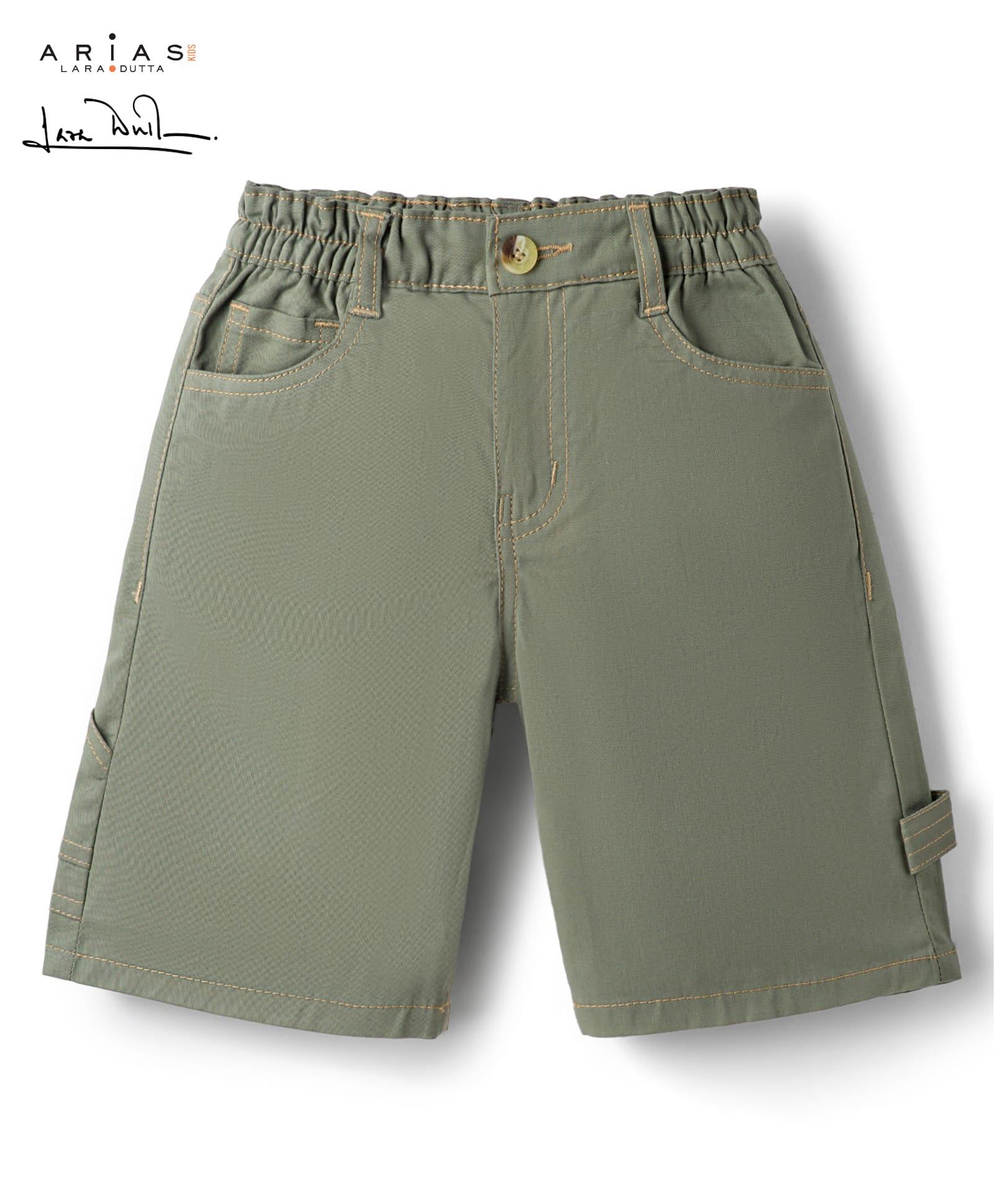 arias by lara dutta Arias Cotton Twill Elastane Woven Knee Length Solid Colour Shorts With Patch & Pocket - Green-picture-17
