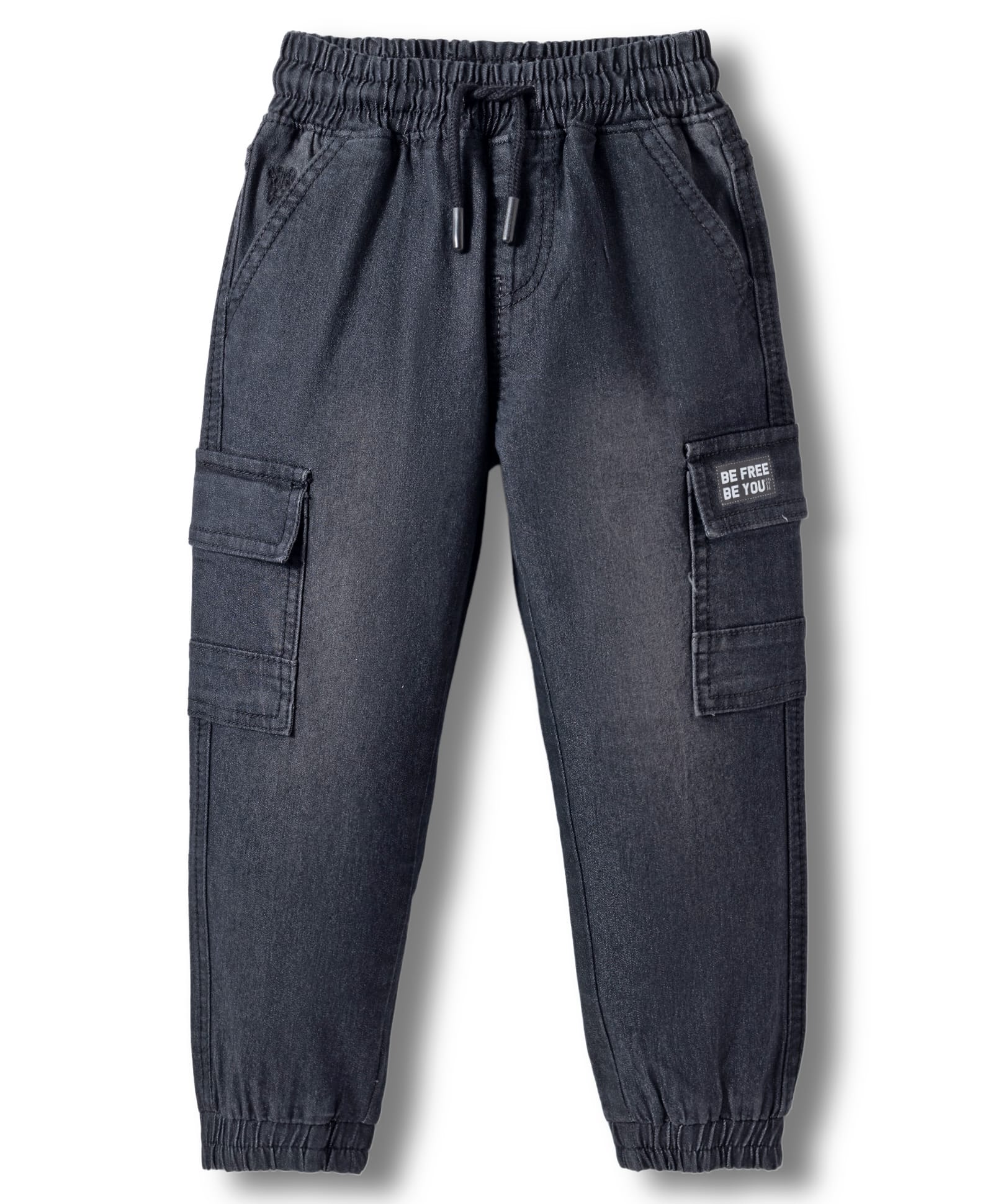 Under Fourteen Only Be Free Be You Text Printed Patch Detailed Cargo Style Jeans - Black-image-7
