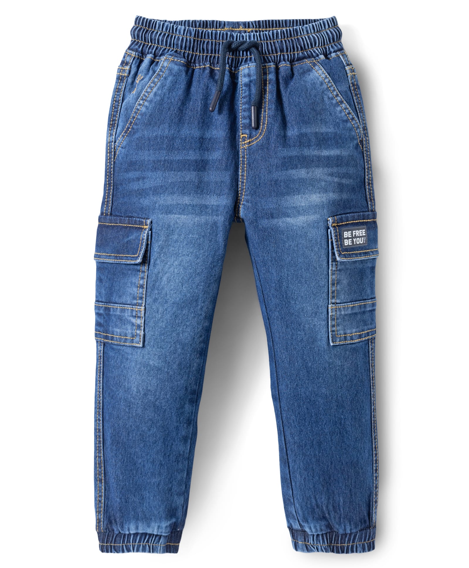 Under Fourteen Only Be Free Be You Text Printed Patch Detailed Cargo Style Washed Jeans - Dark Blue-picture-14