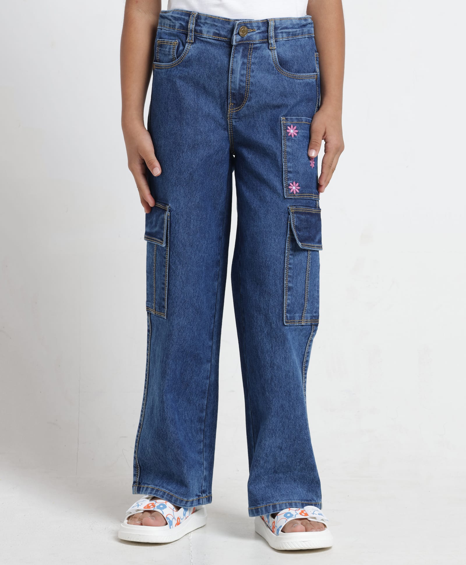 Under Fourteen Only Floral Embroidered Cargo Pocket Style Washed Jeans - Blue-picture-18