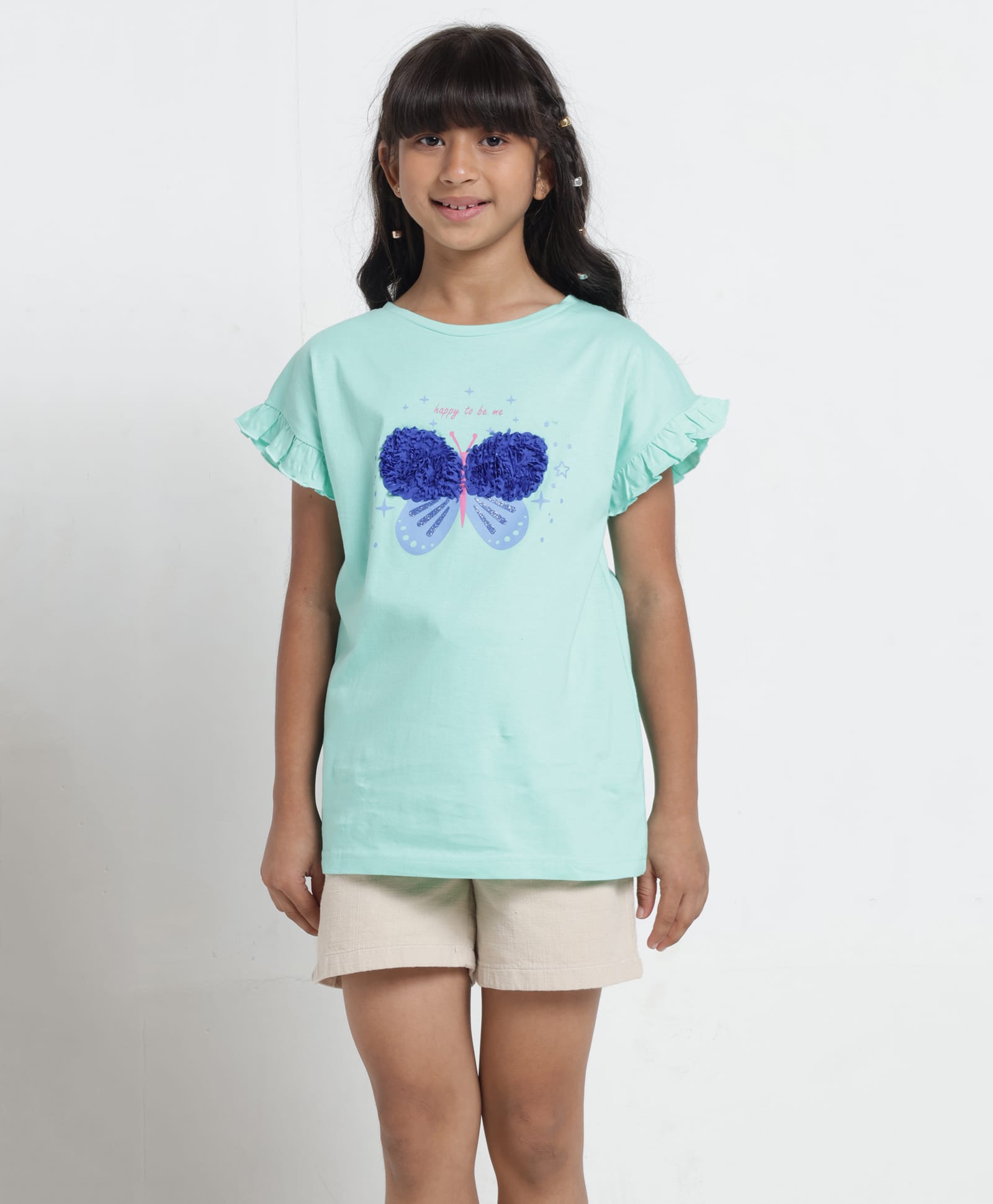Under Fourteen Only Half Drop Shoulder Sleeves Glitter Embellished Butterfly Applique & Frill Detailed Top - Green-image-49