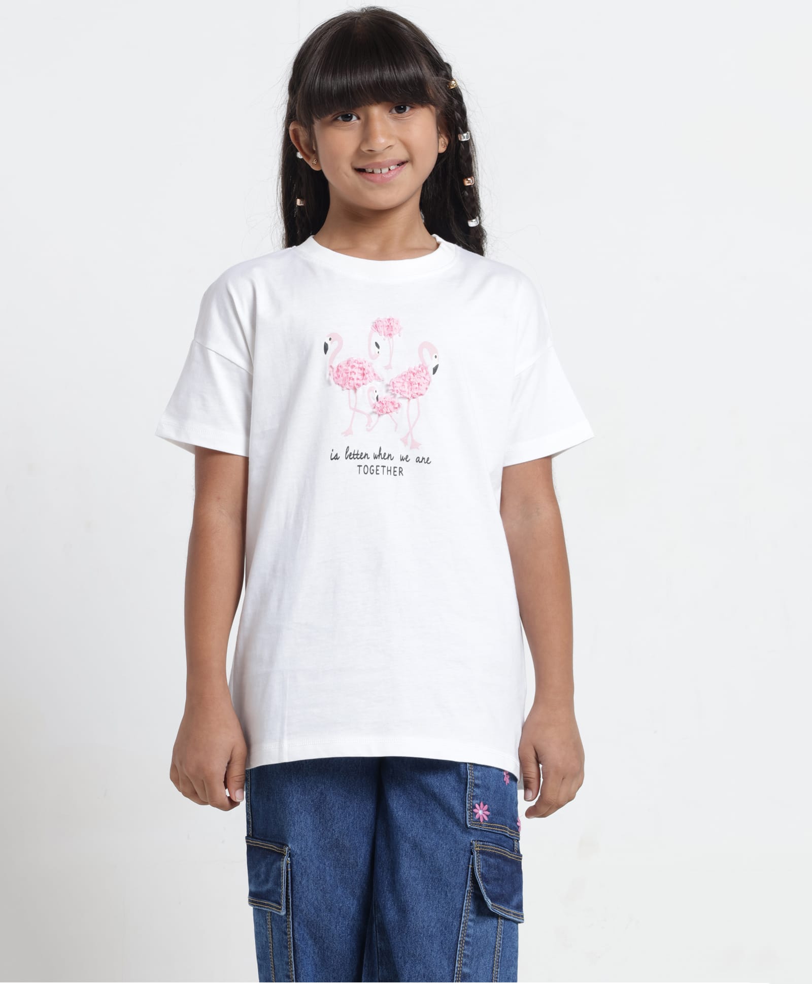 Under Fourteen Only Half Drop Shoulder Sleeves Frill Detailed Flamingo Printed Top - White-picture-33