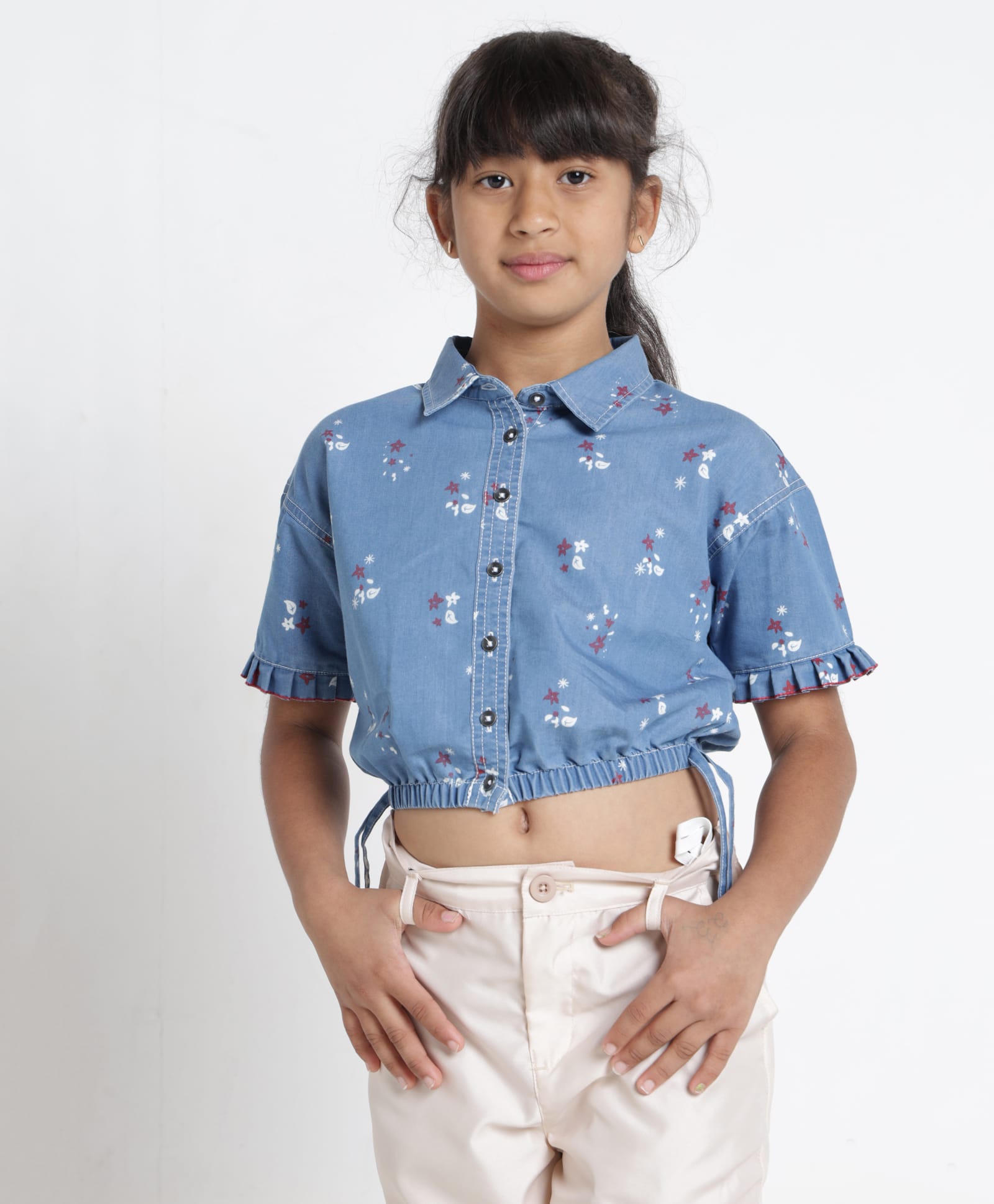 Under Fourteen Only Half Sleeves Elastic Tie Up & Frill Detailed Floral Printed Shirt Style Top - Light Blue-image-33