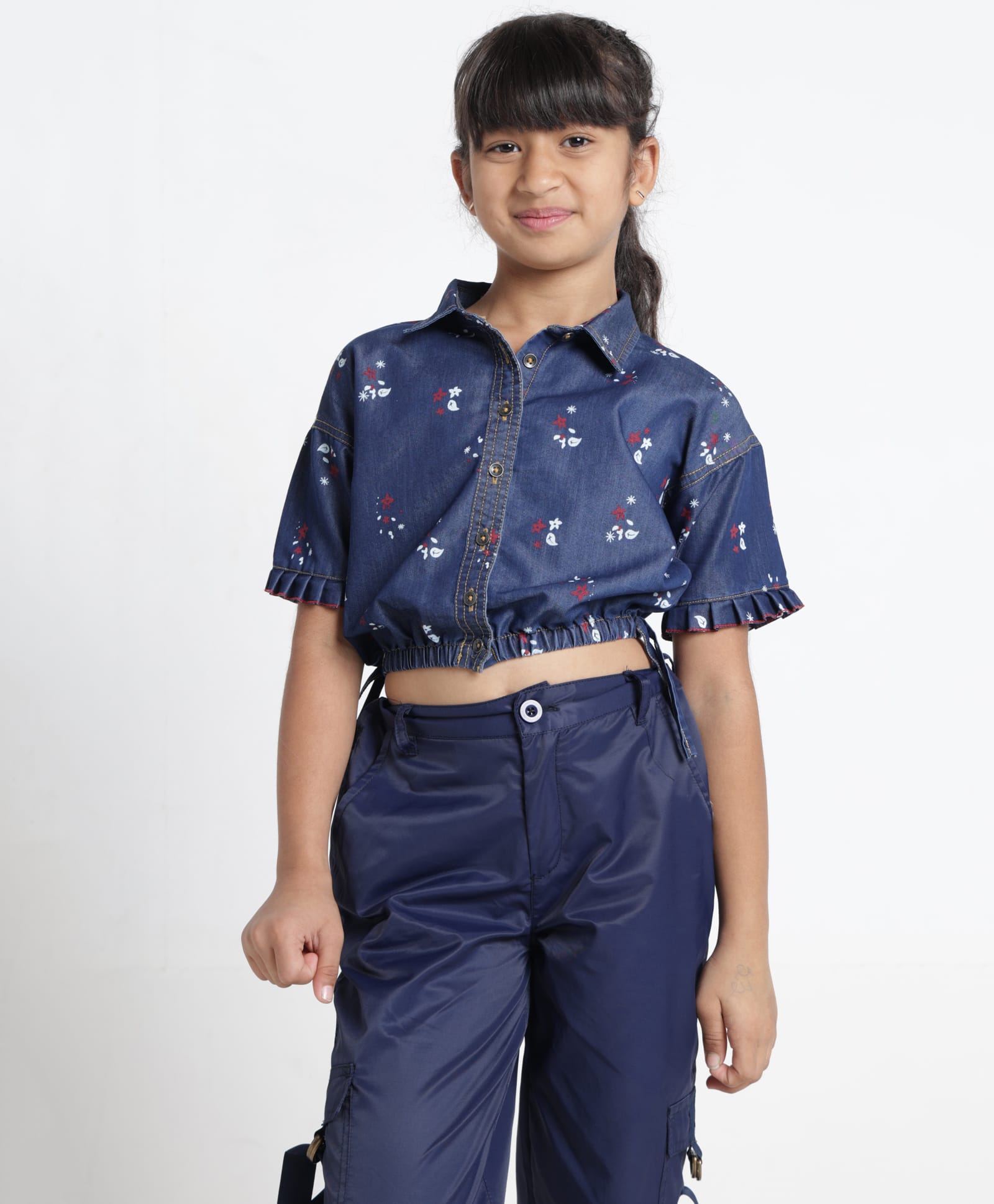 Under Fourteen Only Half Sleeves Elastic Tie Up Detailed Floral Printed Shirt Style Top - Navy Blue-picture-18