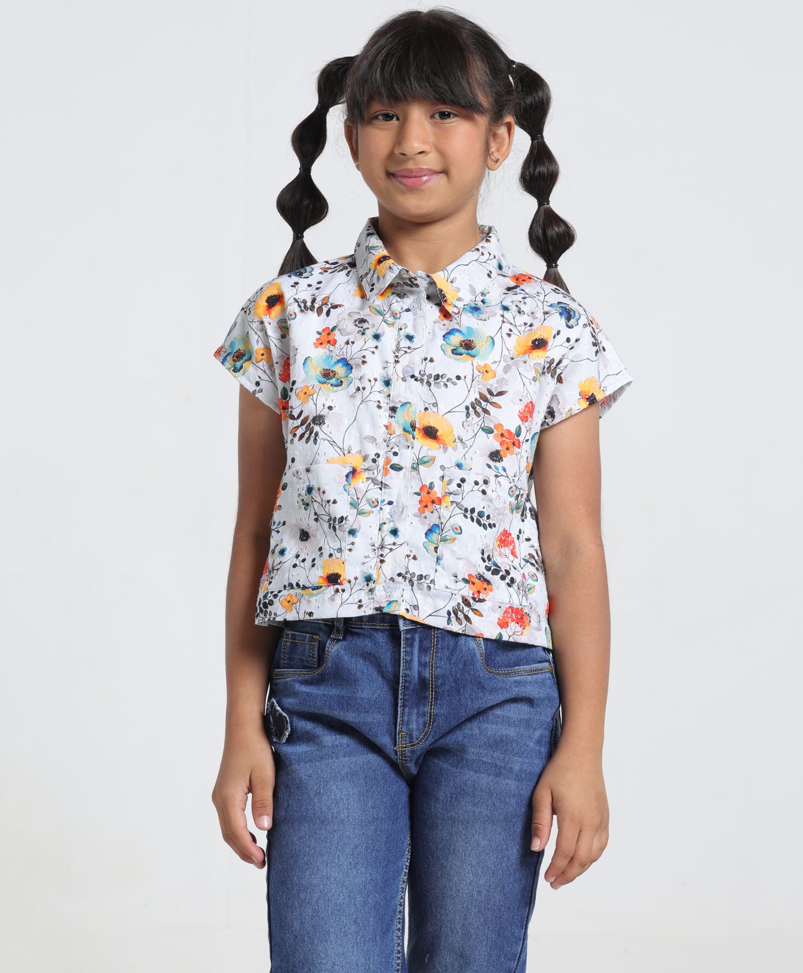 Under Fourteen Only Half Sleeves Floral Printed & Schiffli Embroidered Shirt Style Top - Blue-picture-21
