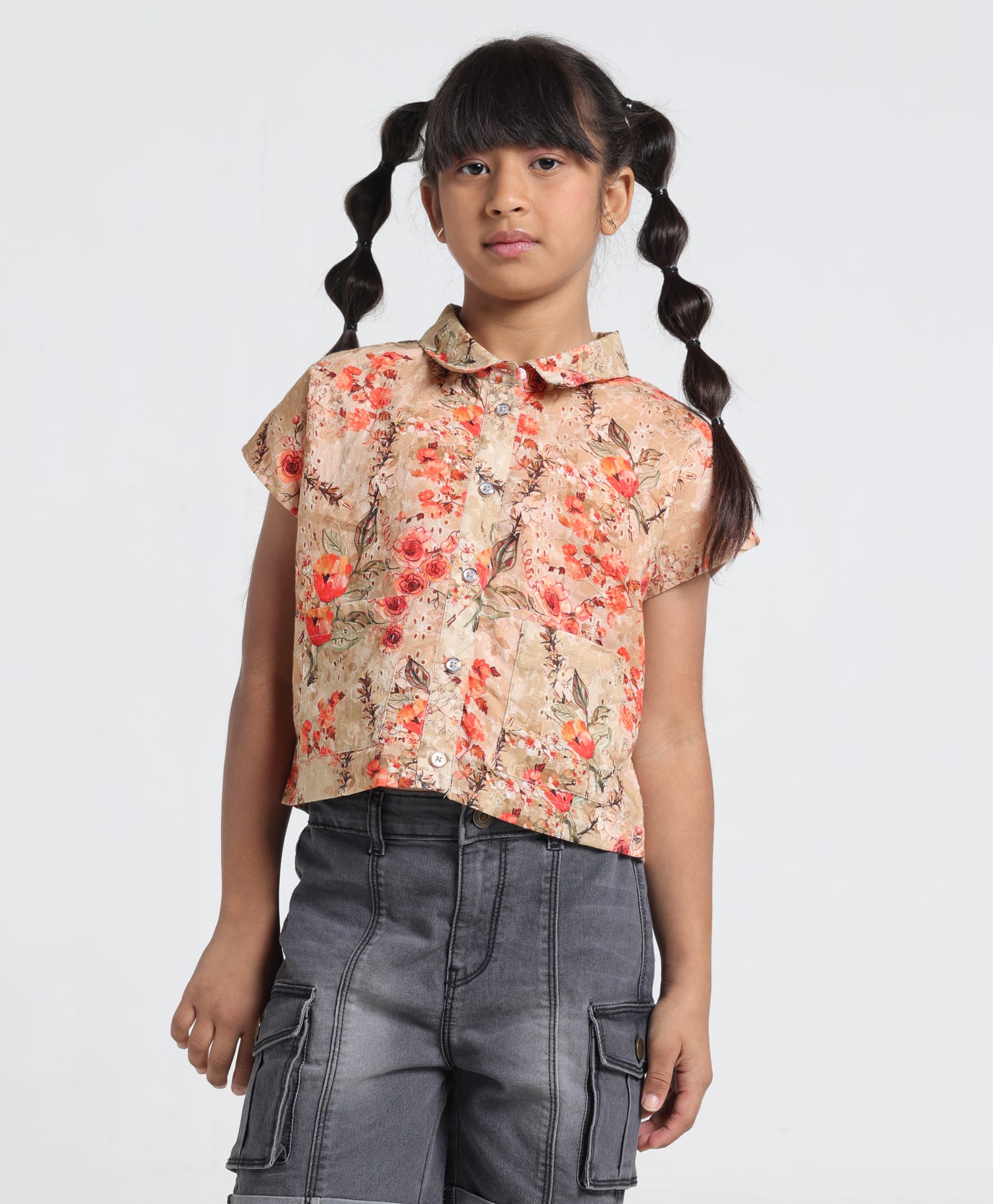 Under Fourteen Only Half Sleeves Floral Printed & Schiffli Embroidered Shirt Style Top - Orange-picture-36