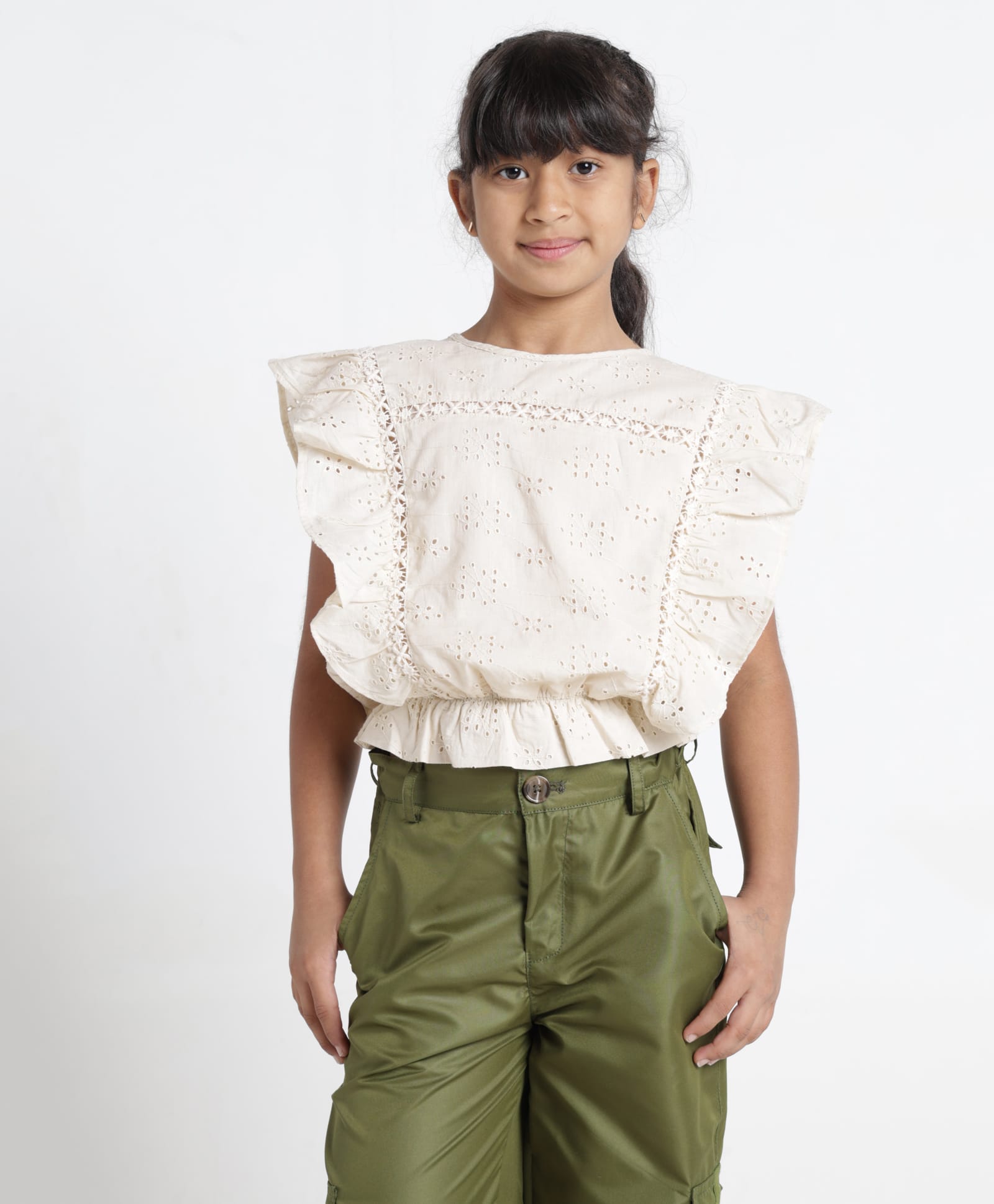 Under Fourteen Only Sleeveless Schiffli Embroidered Ruffle Detailed Smocked Bottom Crop Top - Beige-image-32