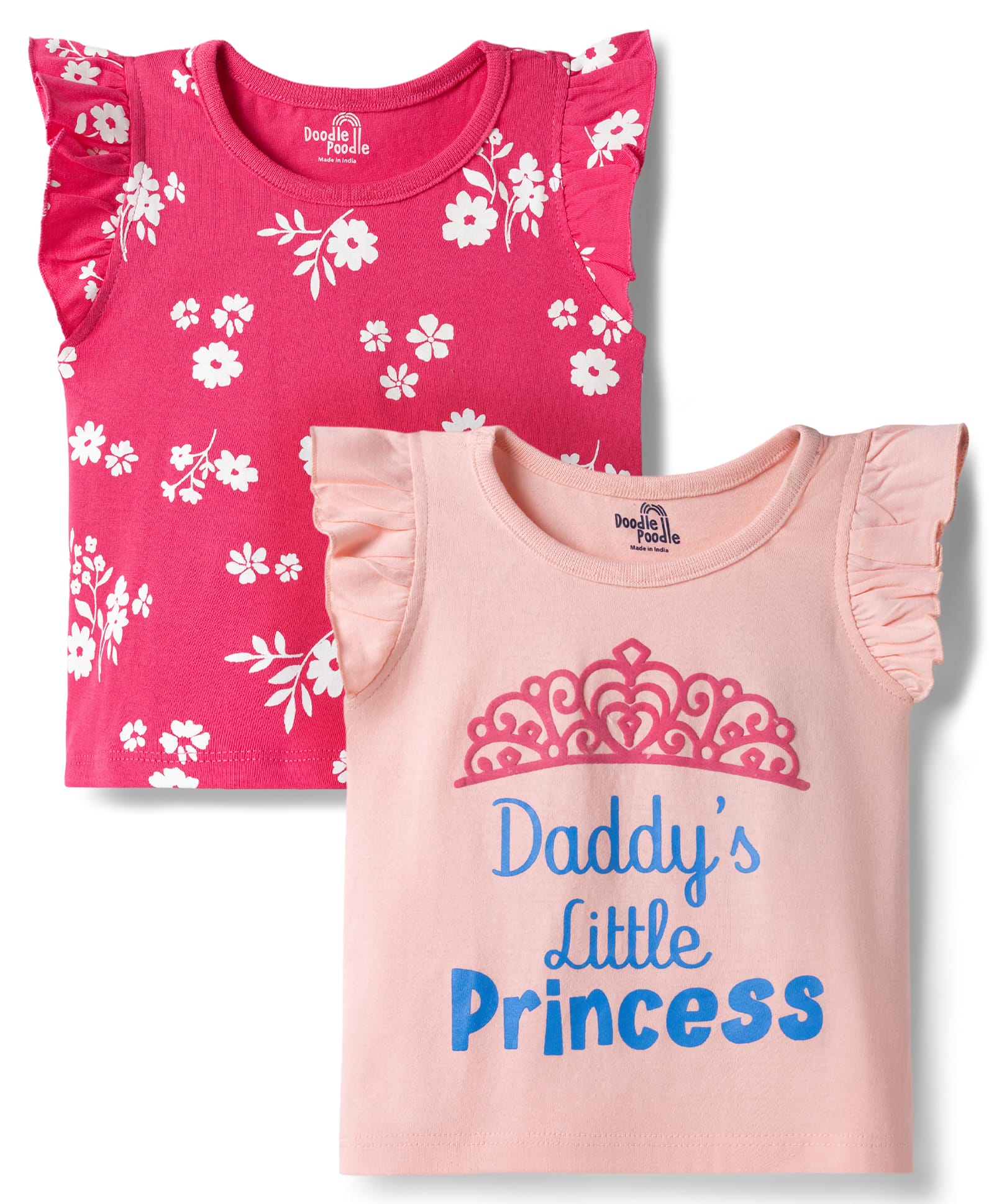Doodle Poodle Cotton Knit Sleeveless Printed Tops with Ruffled Sleeves Pink Newborn-image-1