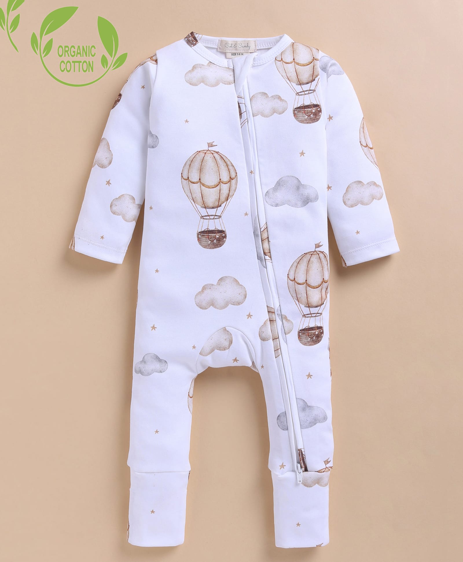 Cot & Candy Organic Cotton Knit Full Sleeves Hot Air Balloon Printed Romper - White & Brown-image-37