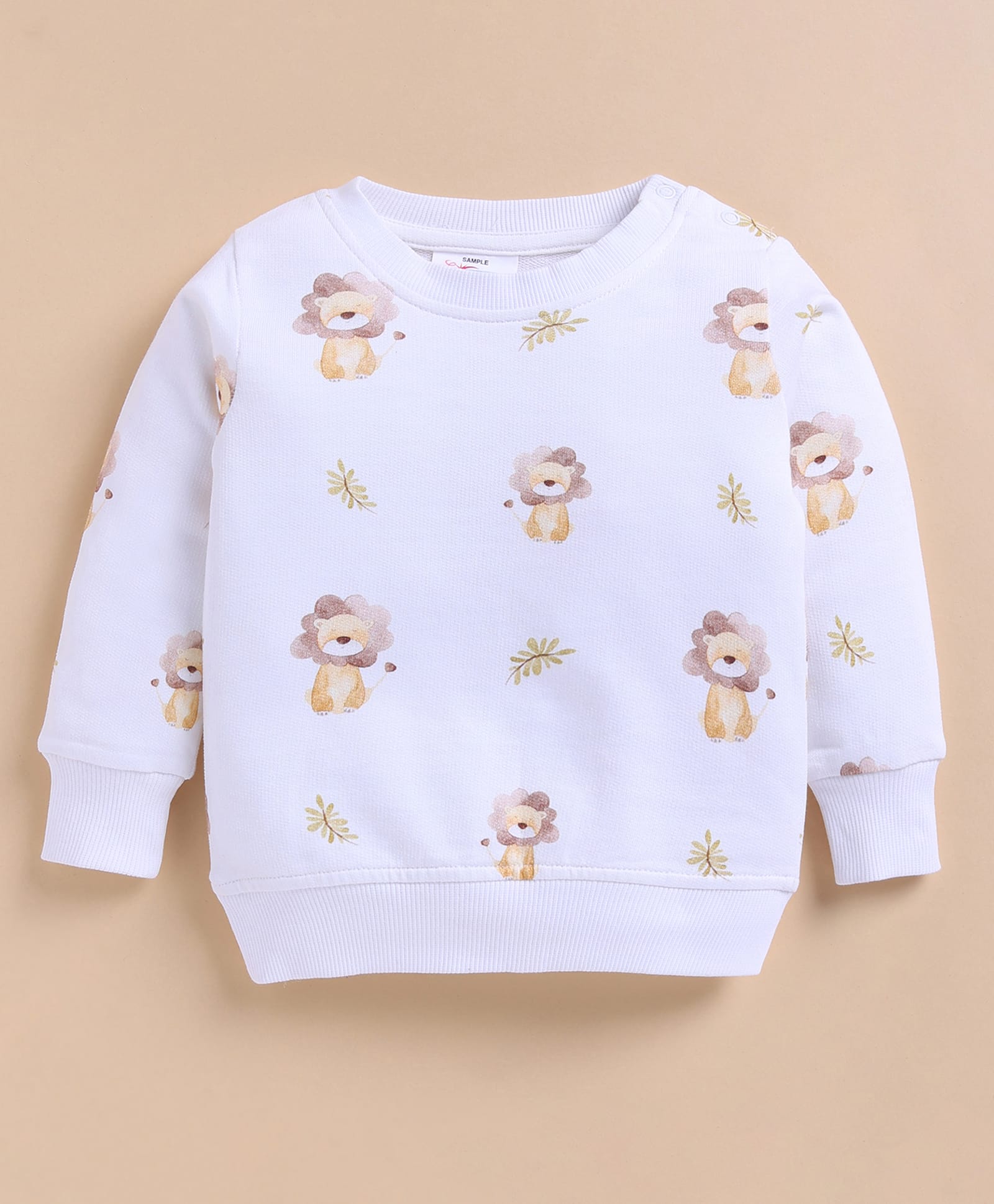 Cot & Candy Organic Cotton Knit Full Sleeves Lion Printed Sweatshirt - White & Brown