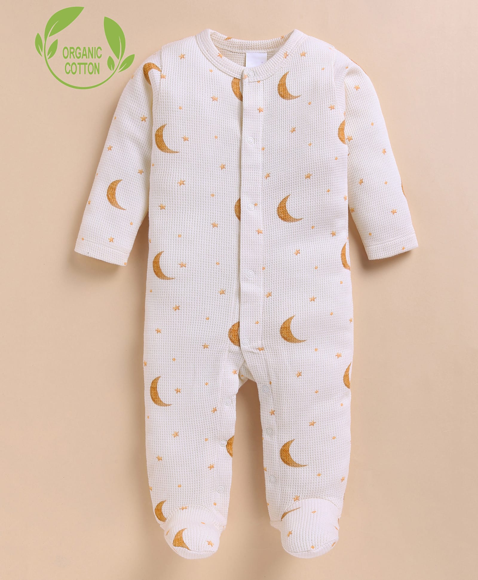 Cot & Candy Organic Cotton Knit Full Sleeves Moon & Stars Printed Footed Sleepsuit - Peach-image-31
