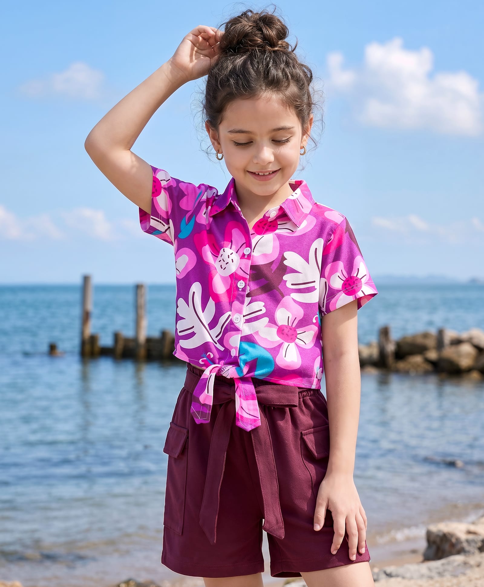 OLLINGTON ST. Cotton Knit Half Sleeves Floral Printed Shirt Top & Shorts Set - Multicolour & Wine-image-12