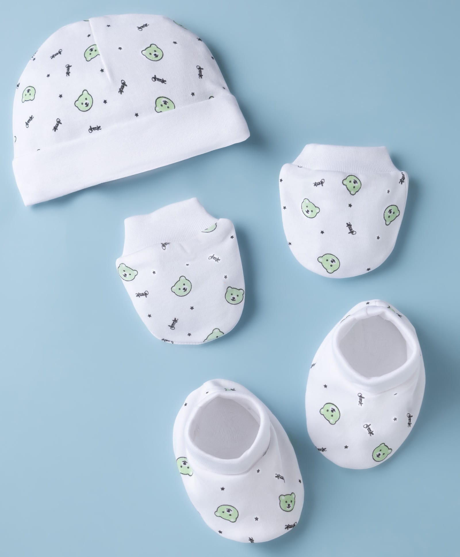 Babyoye 100% Cotton Interlock Knit Cap Mittens & Booties with Bear Print White - Diameter 14.5 cm-picture-19